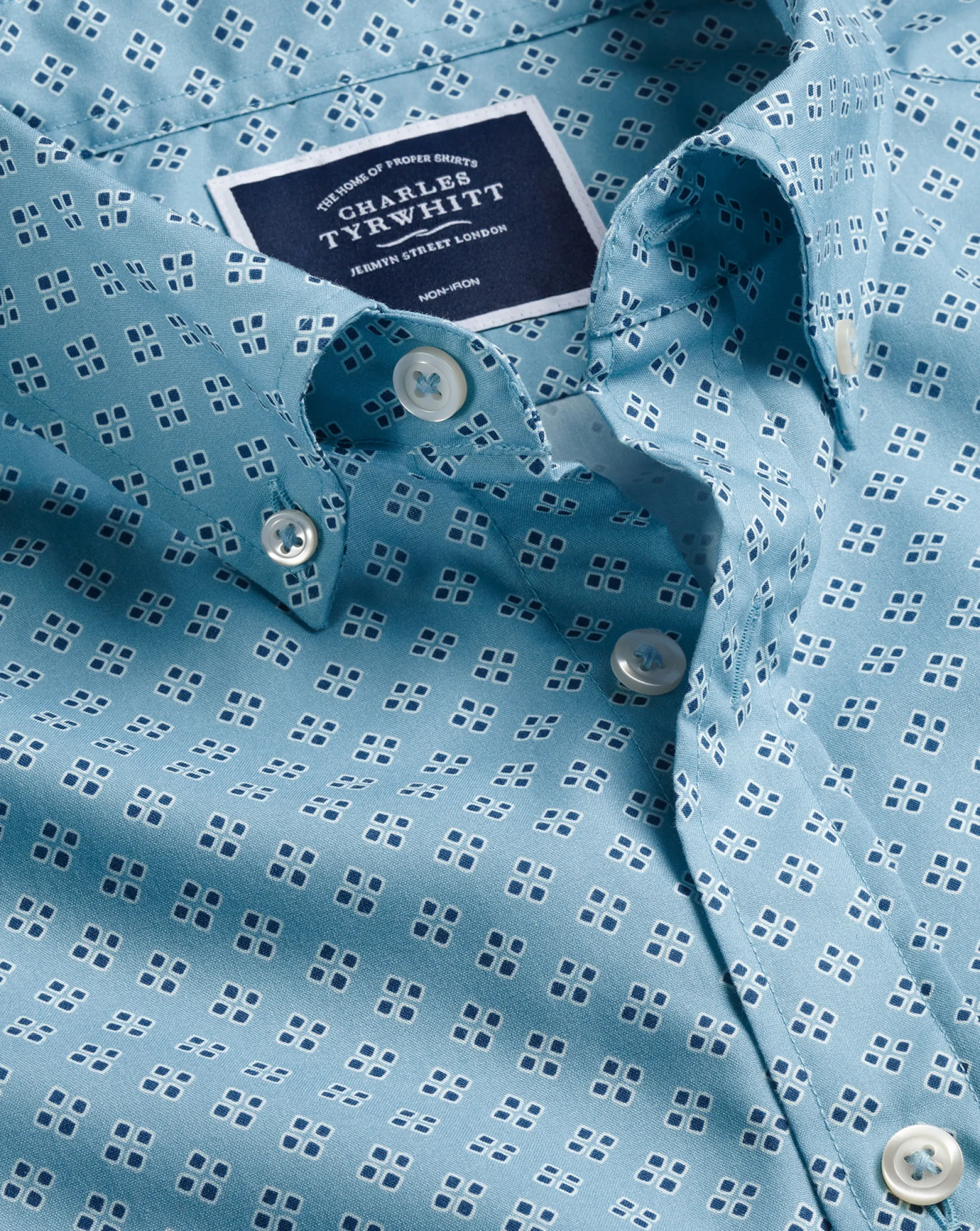 Shirt Sale|Casual Shirts<Charles Tyrwhitt Button-Down Collar Non-Iron Stretch Poplin Diamond Print Short Sleeve Shirt - Green Aqua