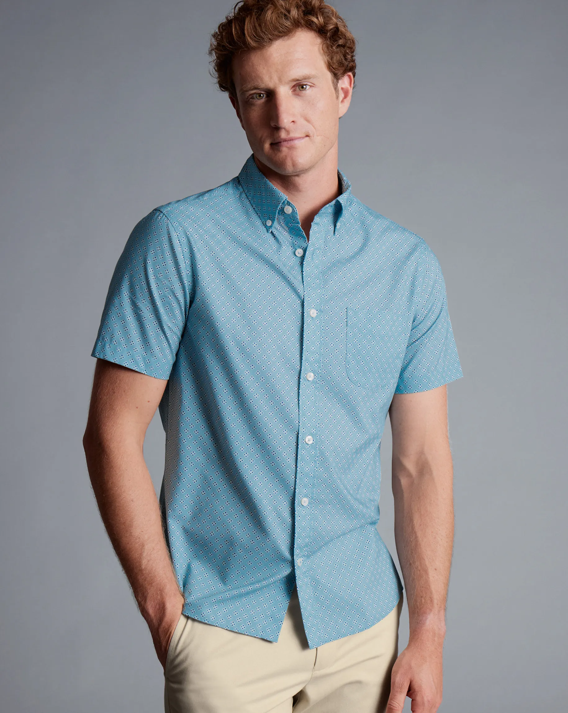 Shirt Sale|Casual Shirts<Charles Tyrwhitt Button-Down Collar Non-Iron Stretch Poplin Diamond Print Short Sleeve Shirt - Green Aqua