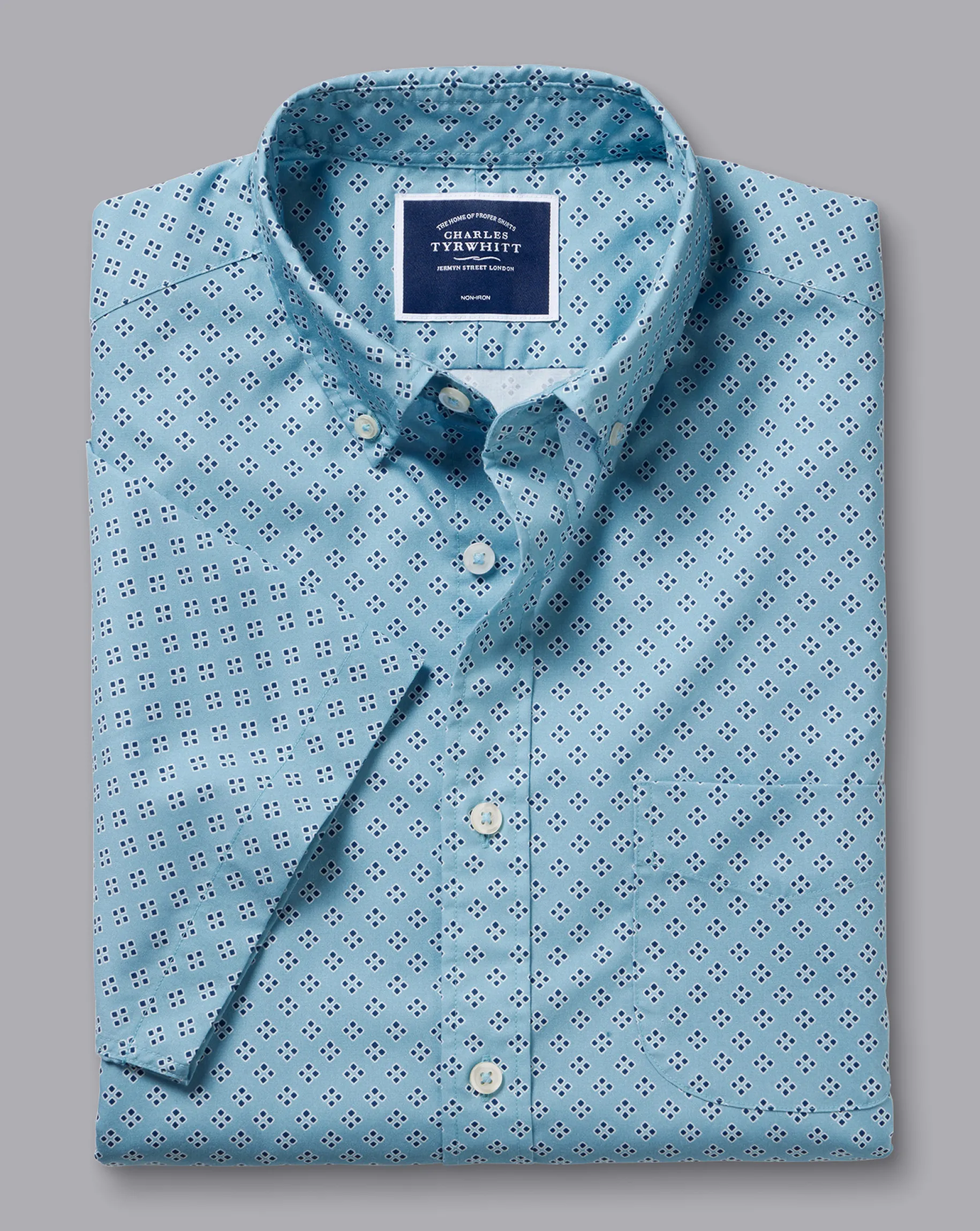 Shirt Sale|Casual Shirts<Charles Tyrwhitt Button-Down Collar Non-Iron Stretch Poplin Diamond Print Short Sleeve Shirt - Green Aqua