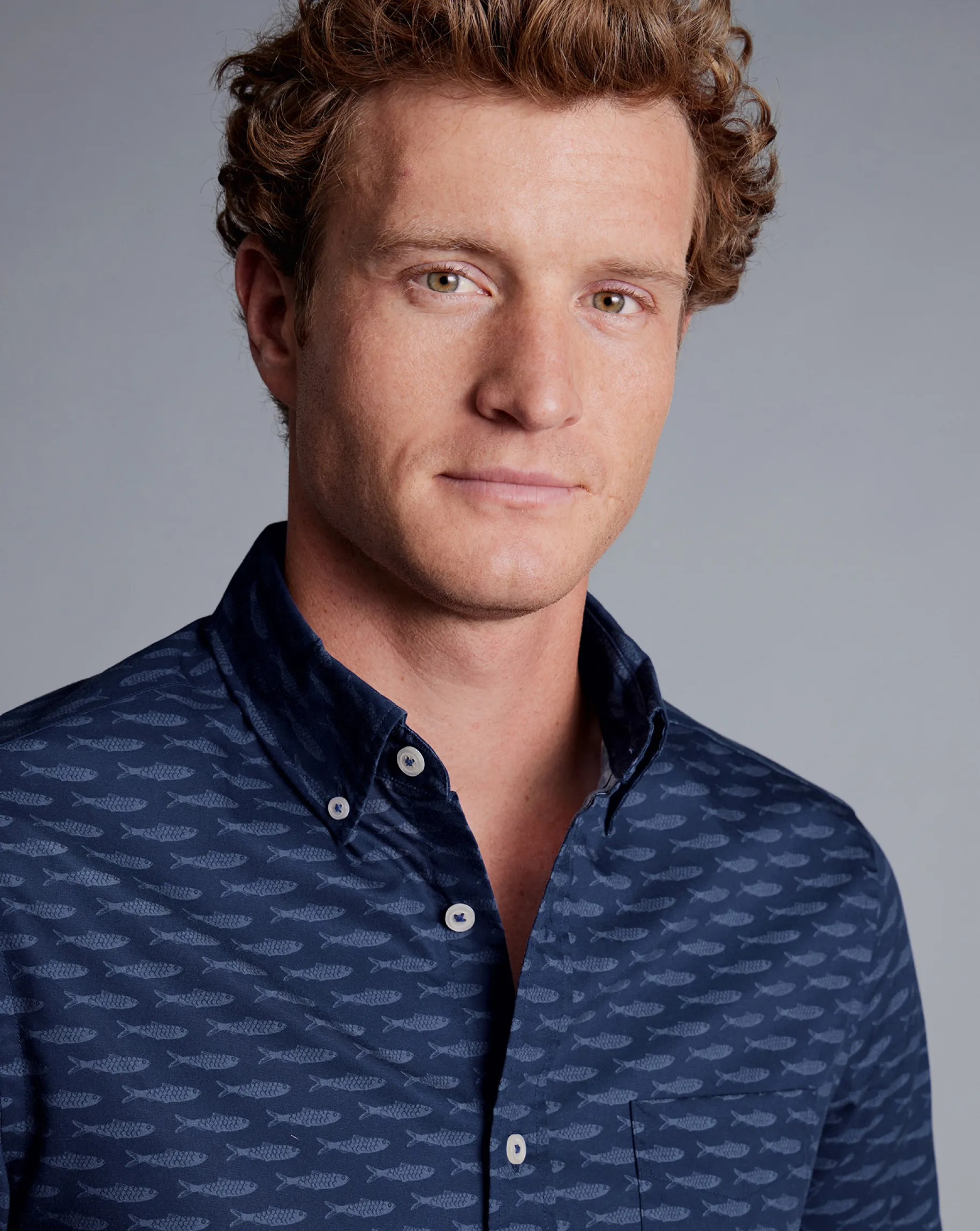 Shirt Sale|Casual Shirts<Charles Tyrwhitt Button-Down Collar Non-Iron Stretch Poplin Fish Print Short Sleeve Shirt - Navy