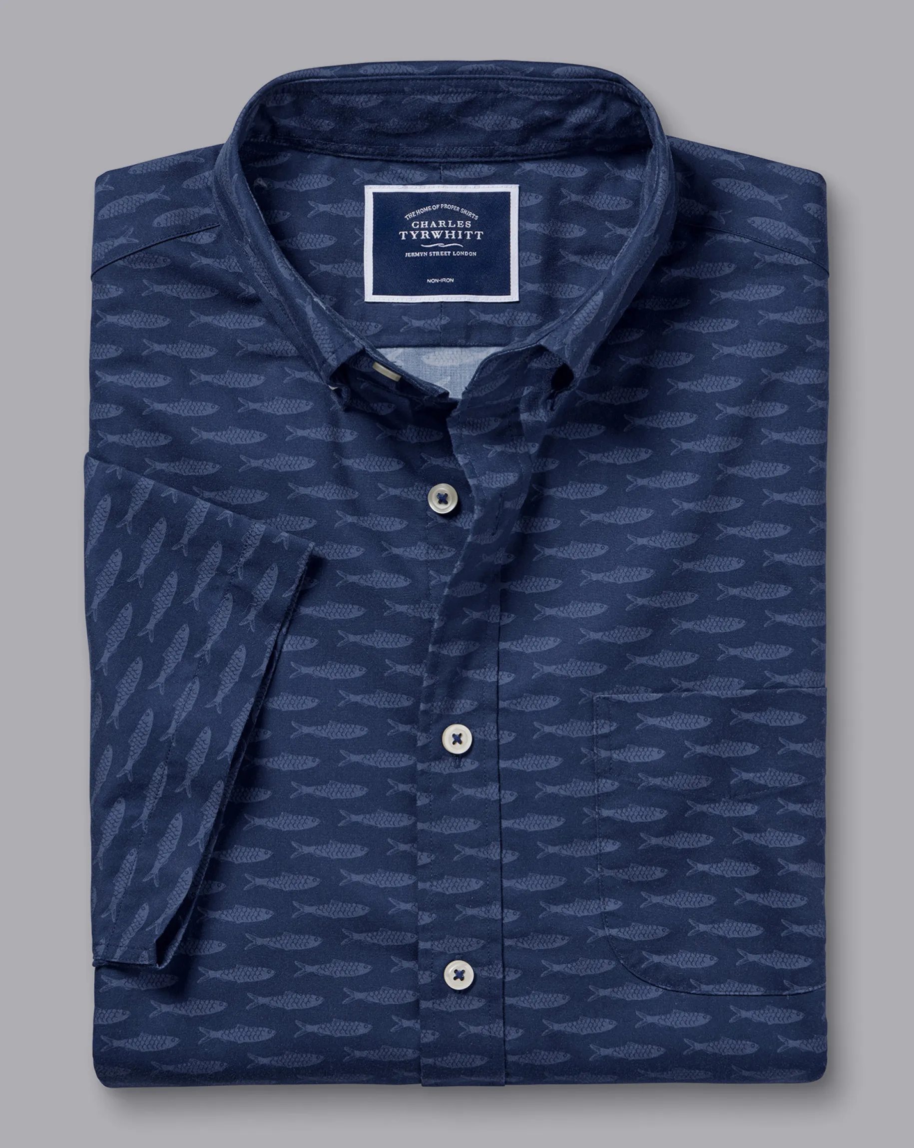 Shirt Sale|Casual Shirts<Charles Tyrwhitt Button-Down Collar Non-Iron Stretch Poplin Fish Print Short Sleeve Shirt - Navy
