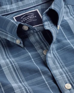 Shirt Sale|Casual Shirts<Charles Tyrwhitt Button-Down Collar Non-Iron Stretch Poplin Slub Multi Check Short Sleeve Shirt - Steel Blue