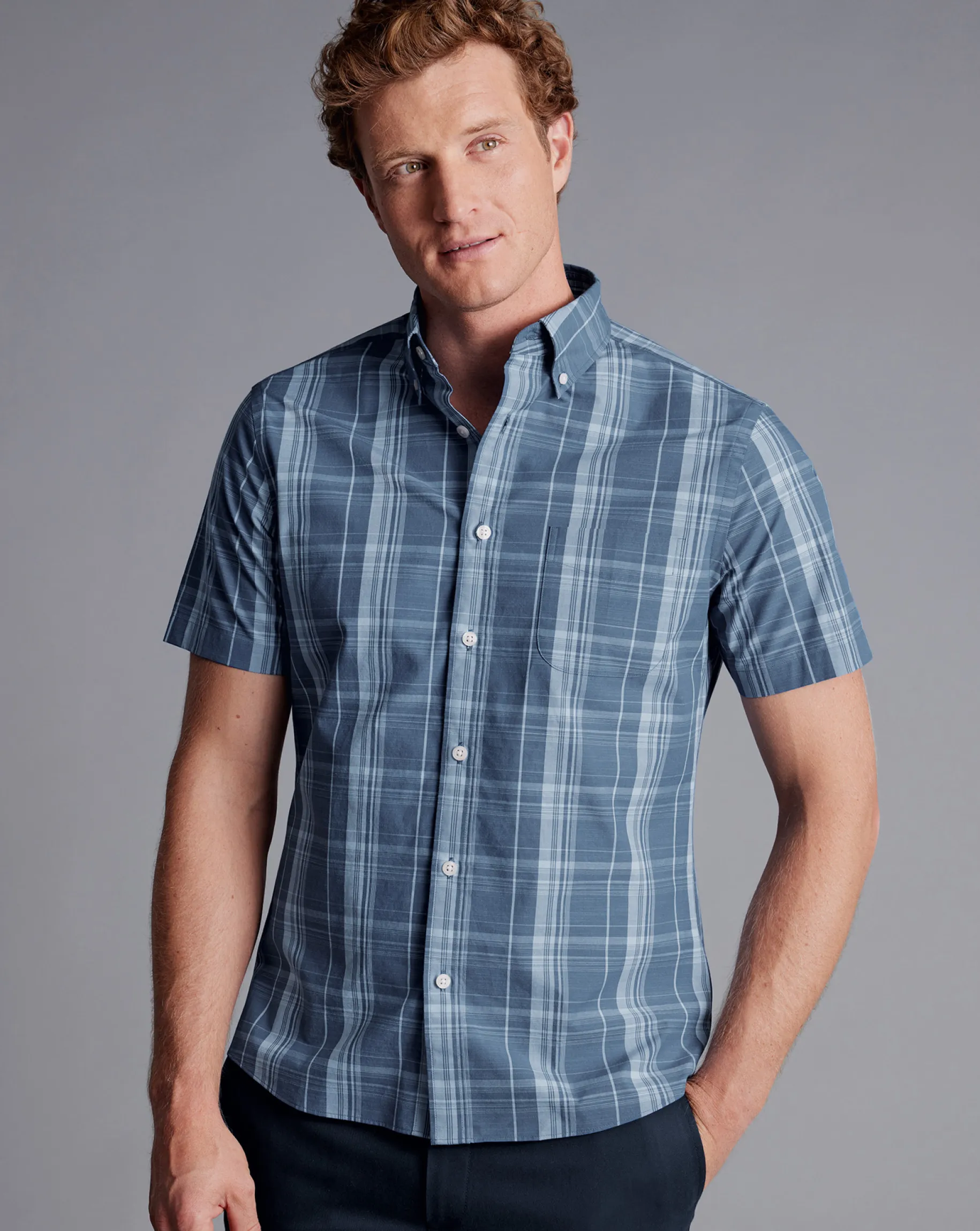 Shirt Sale|Casual Shirts<Charles Tyrwhitt Button-Down Collar Non-Iron Stretch Poplin Slub Multi Check Short Sleeve Shirt - Steel Blue