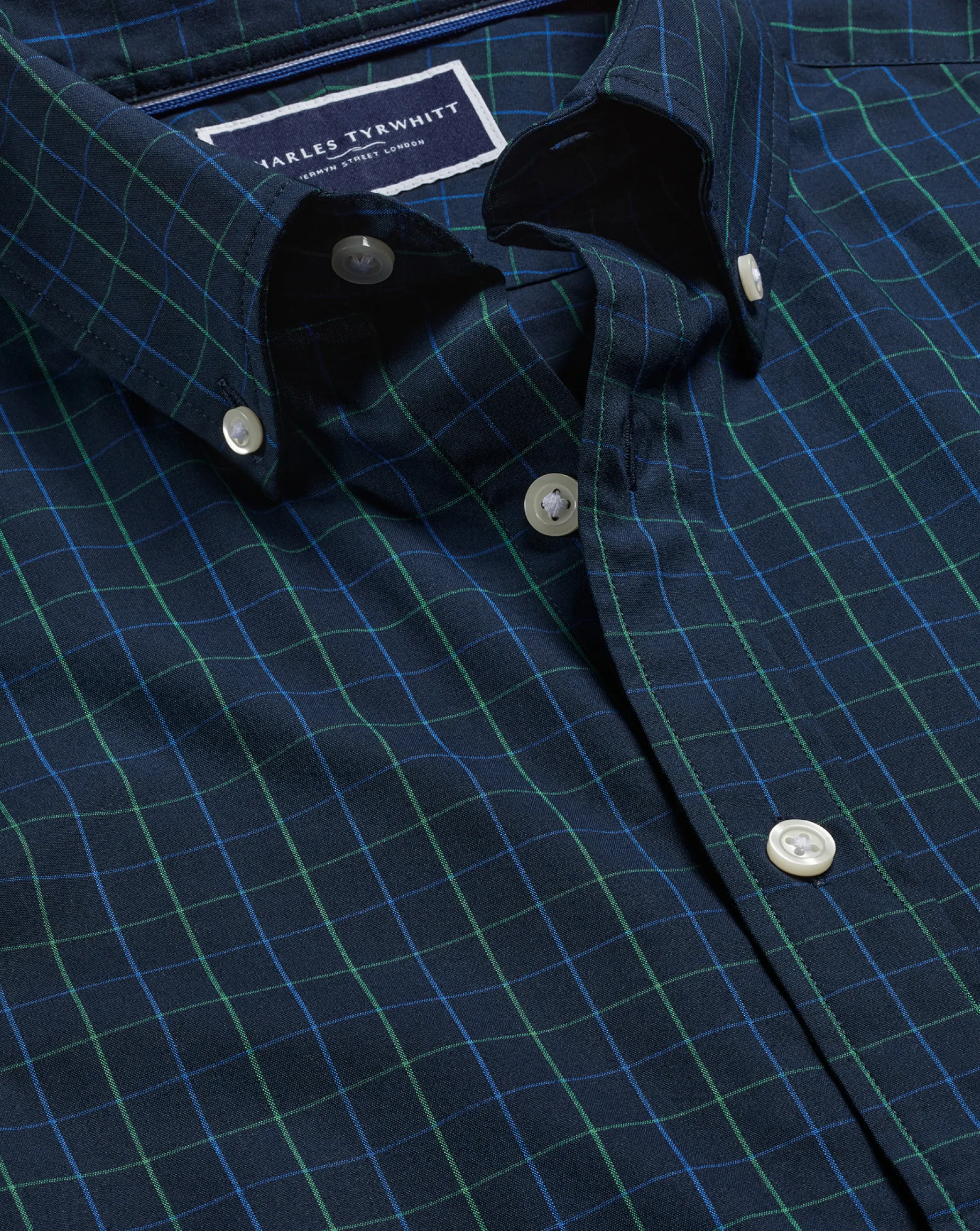Casual Shirts|M<Charles Tyrwhitt Button-Down Collar Non-Iron Stretch Poplin Check Shirt - Dark Navy