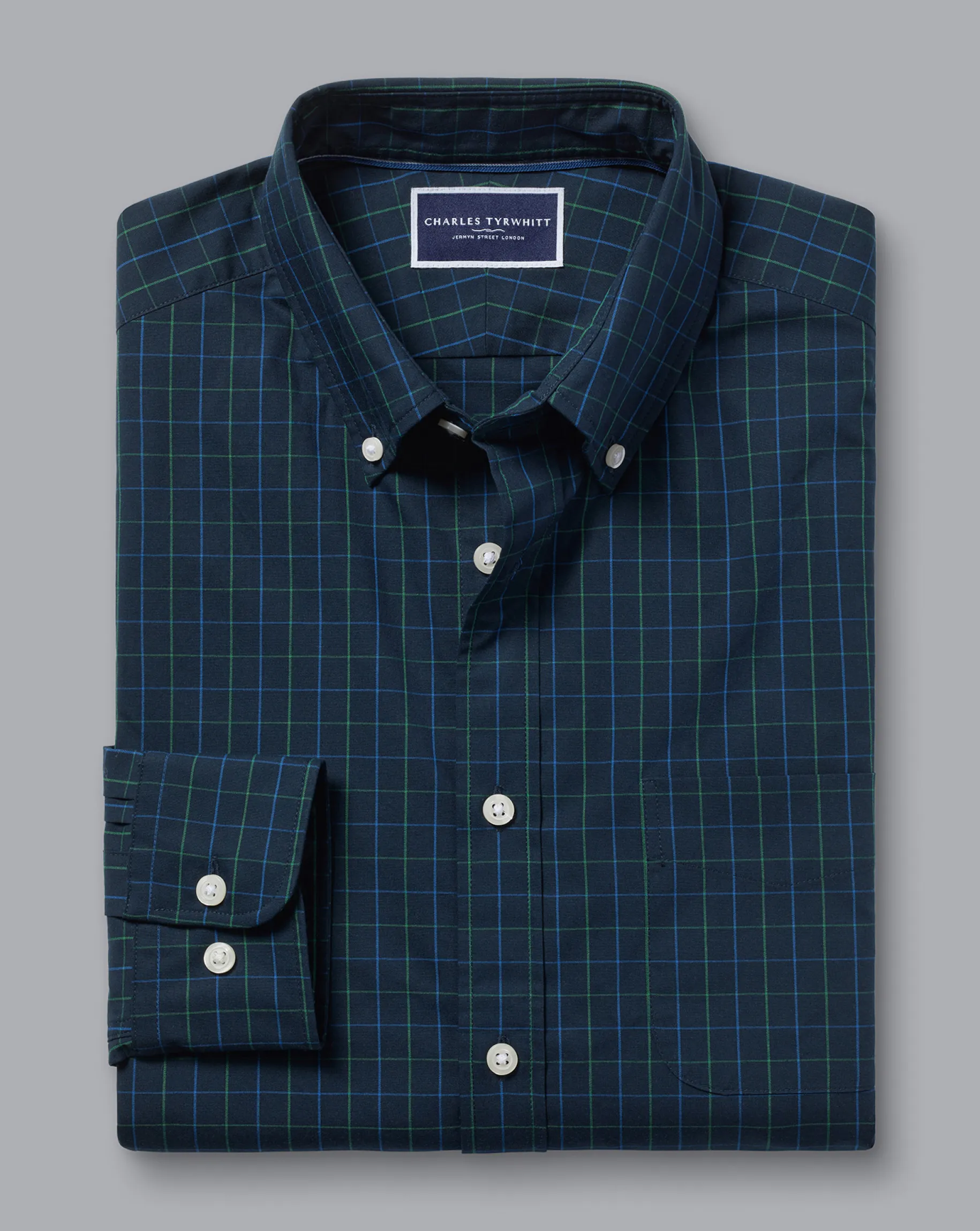 Casual Shirts|M<Charles Tyrwhitt Button-Down Collar Non-Iron Stretch Poplin Check Shirt - Dark Navy