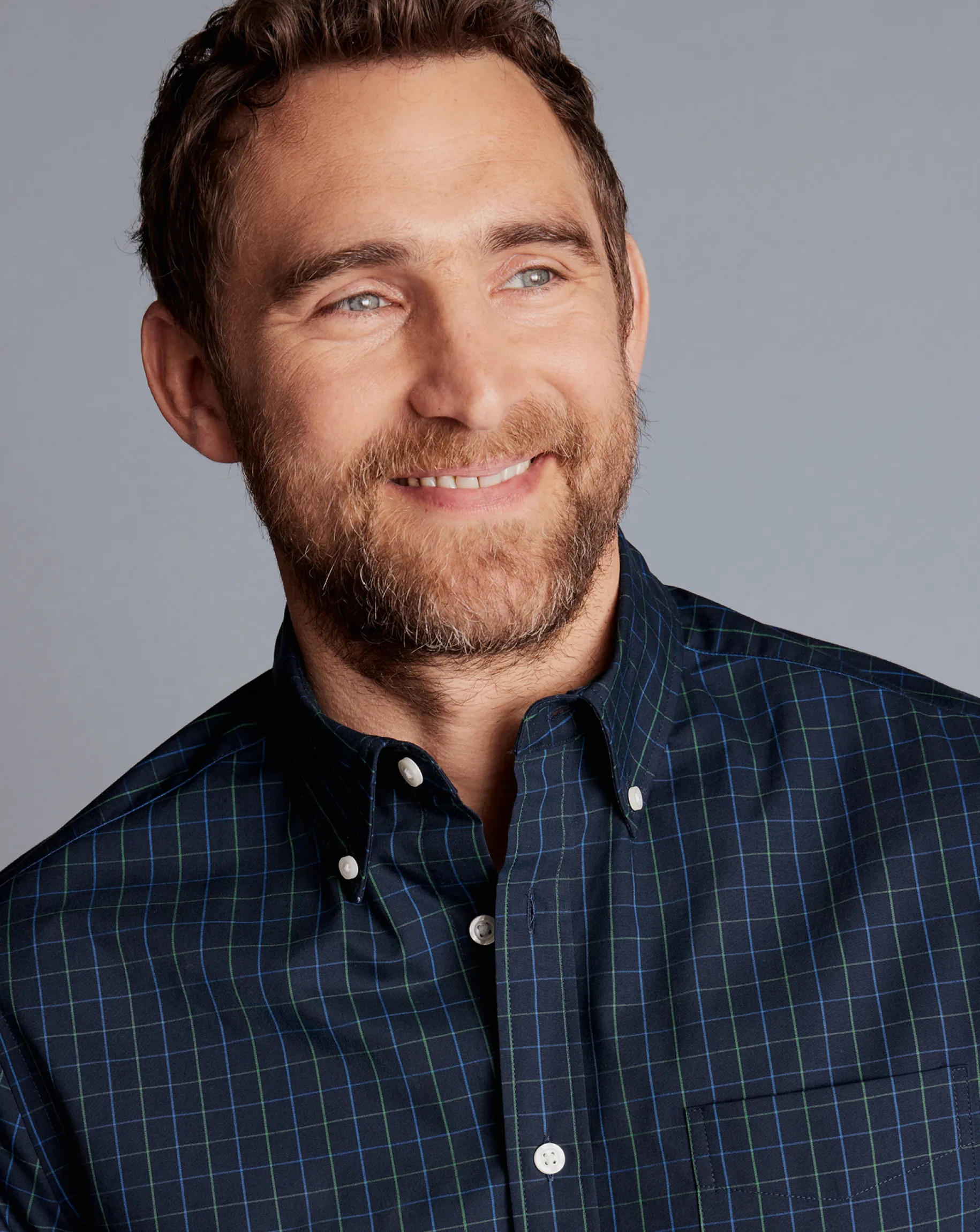Casual Shirts|M<Charles Tyrwhitt Button-Down Collar Non-Iron Stretch Poplin Check Shirt - Dark Navy