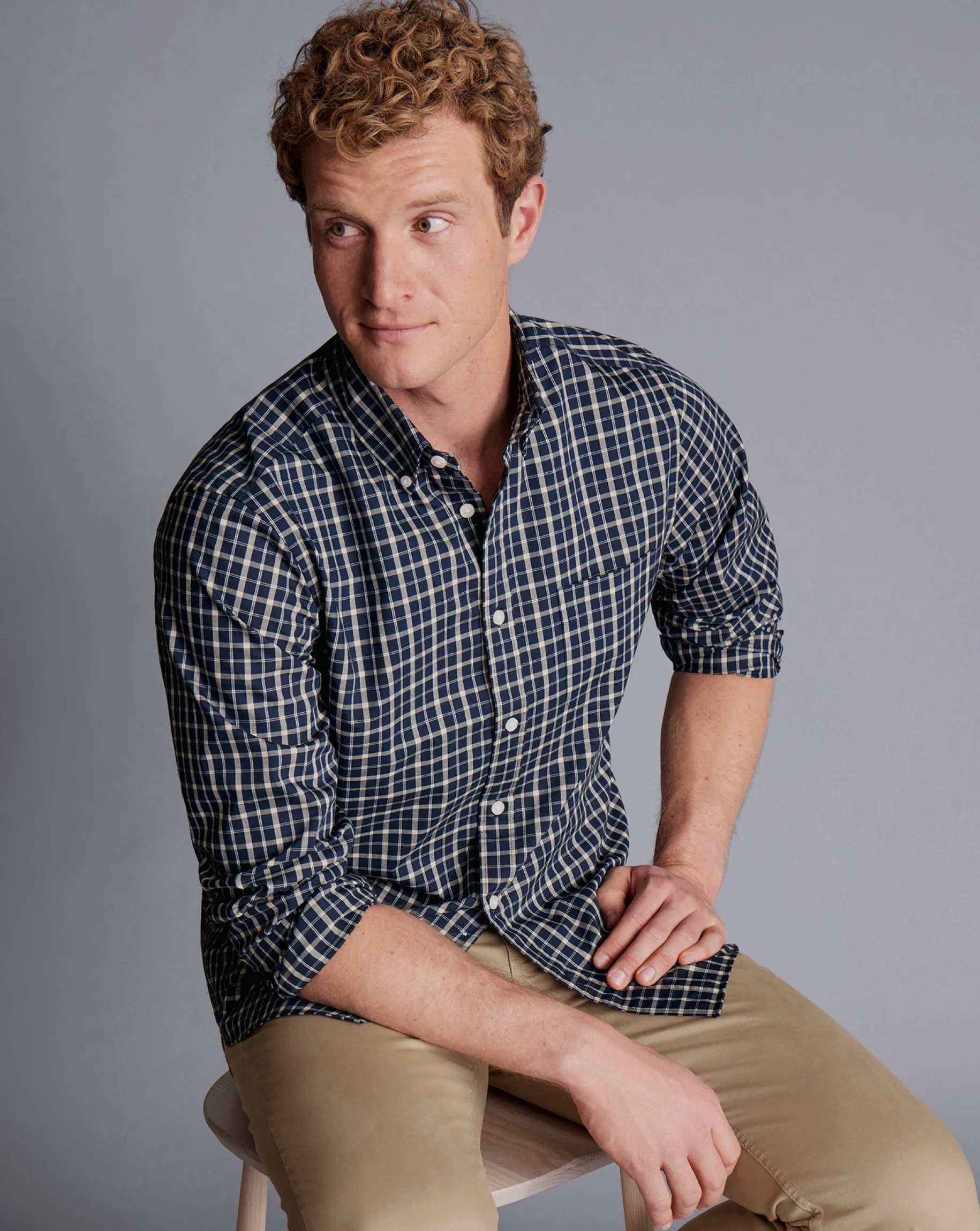 Shirt Sale|Casual Shirts<Charles Tyrwhitt Button-Down Collar Non-Iron Stretch Poplin Check Shirt - Navy
