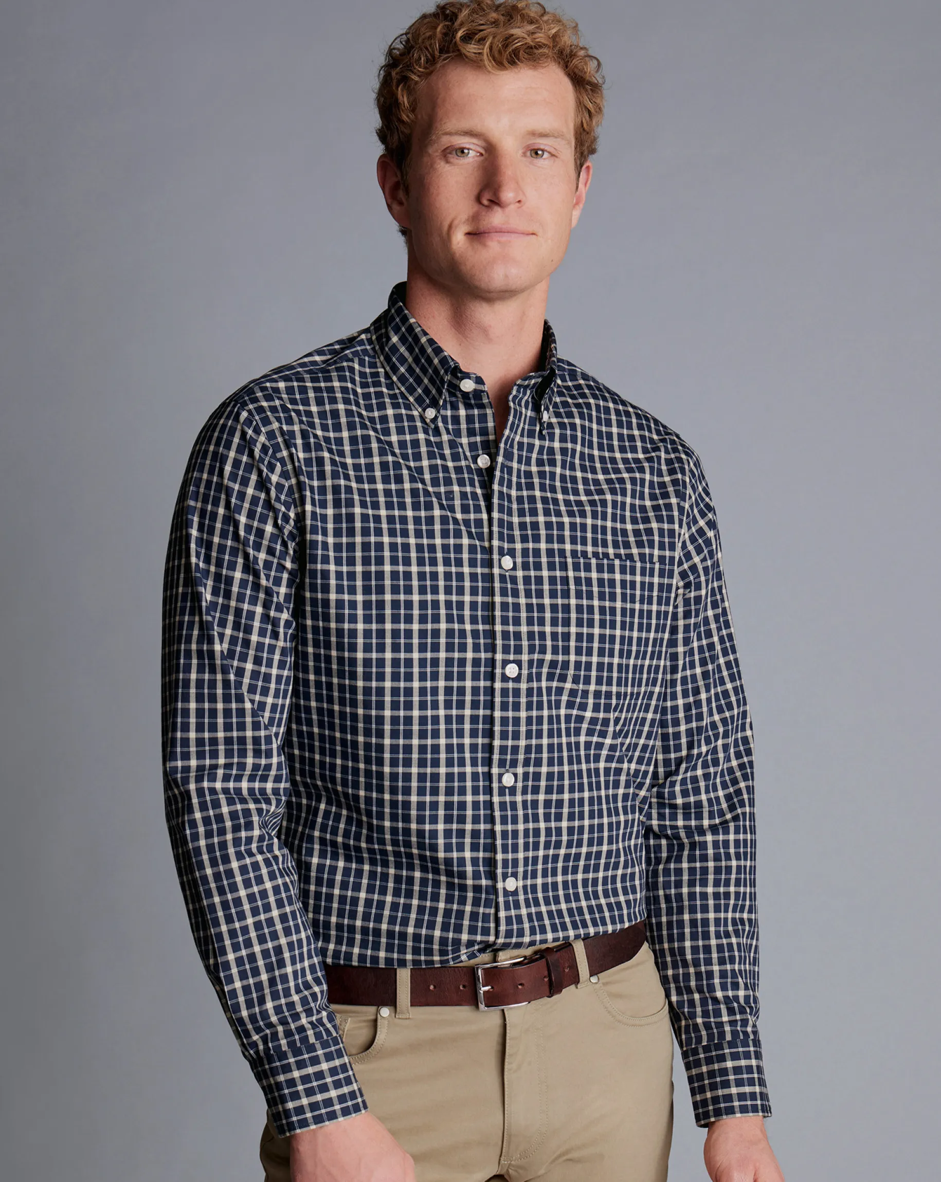 Shirt Sale|Casual Shirts<Charles Tyrwhitt Button-Down Collar Non-Iron Stretch Poplin Check Shirt - Navy