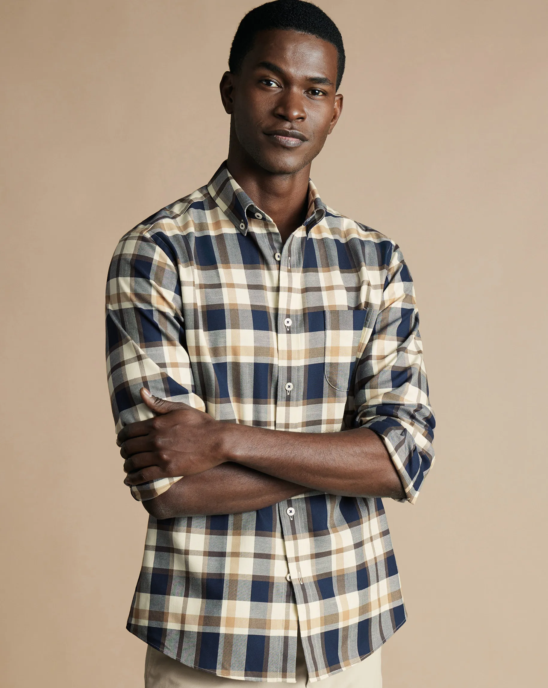 Casual Shirts|Check Shirts<Charles Tyrwhitt Button-Down Collar Non-Iron Twill Large Check Shirt - Sand