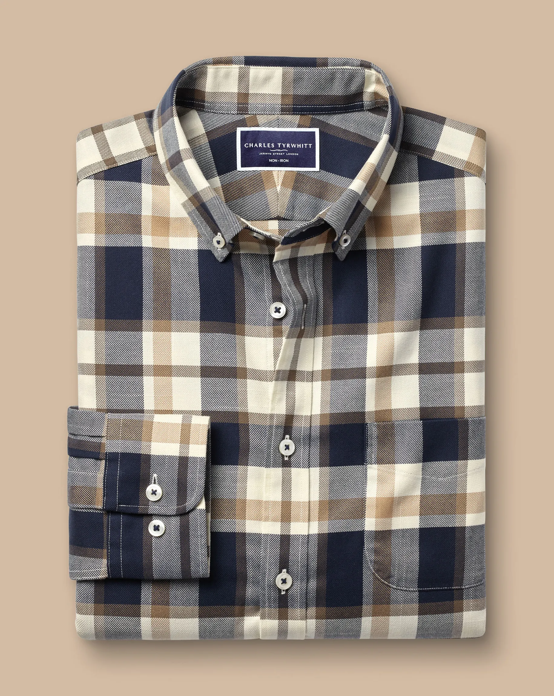 Casual Shirts|Check Shirts<Charles Tyrwhitt Button-Down Collar Non-Iron Twill Large Check Shirt - Sand