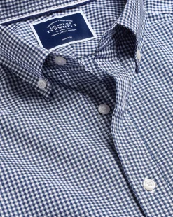 Short Sleeve Shirts|Business Casual Shirts<Charles Tyrwhitt Button-Down Collar Non-Iron Stretch Mini Gingham Short Sleeve Shirt - French Blue