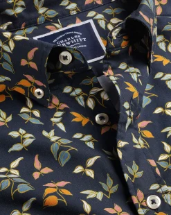 Shirt Sale|Casual Shirts<Charles Tyrwhitt Button-Down Collar Non-Iron Stretch Poplin Multi Leaf Print Short Sleeve Shirt - Navy