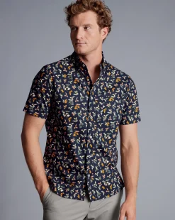 Shirt Sale|Casual Shirts<Charles Tyrwhitt Button-Down Collar Non-Iron Stretch Poplin Multi Leaf Print Short Sleeve Shirt - Navy