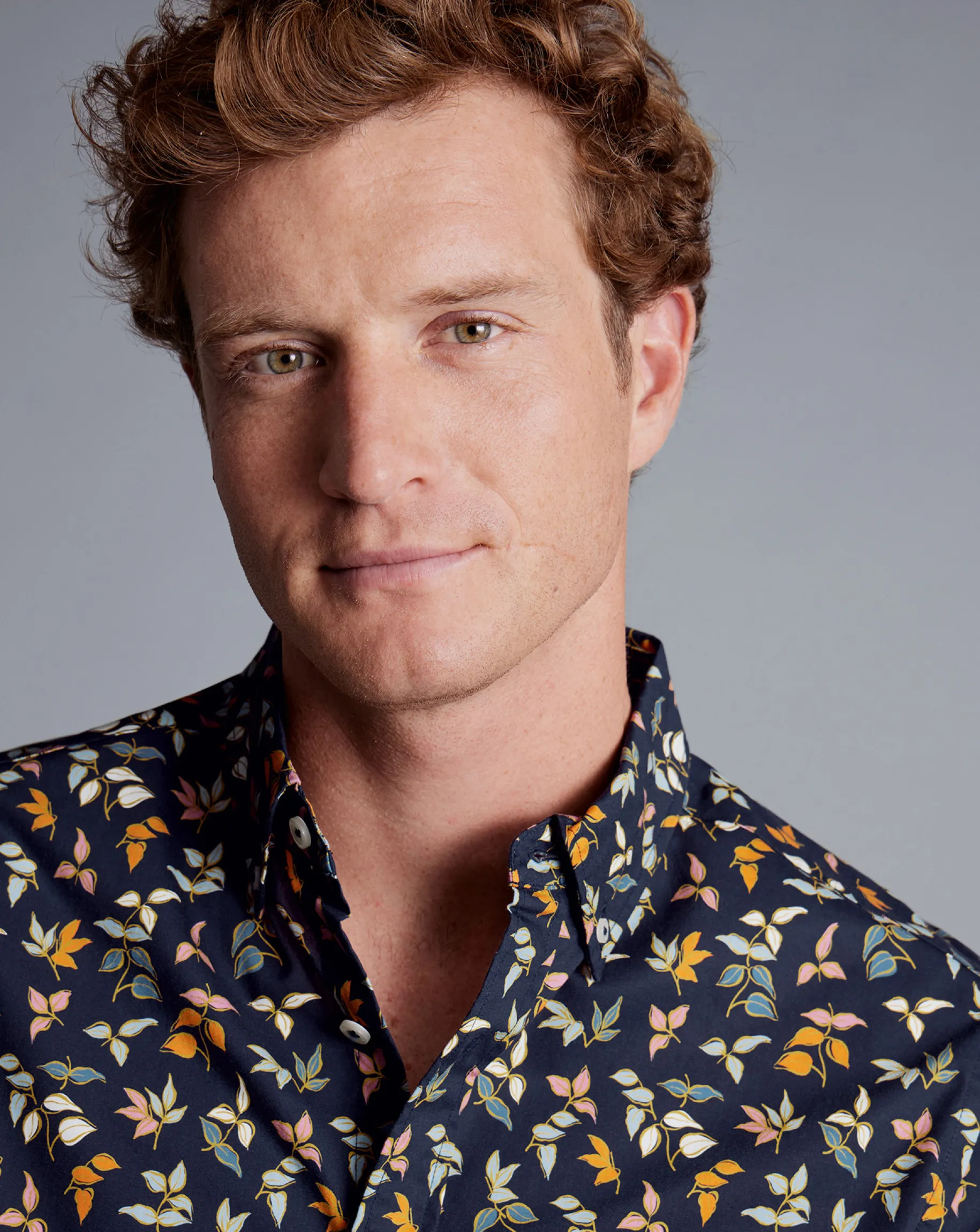 Shirt Sale|Casual Shirts<Charles Tyrwhitt Button-Down Collar Non-Iron Stretch Poplin Multi Leaf Print Short Sleeve Shirt - Navy