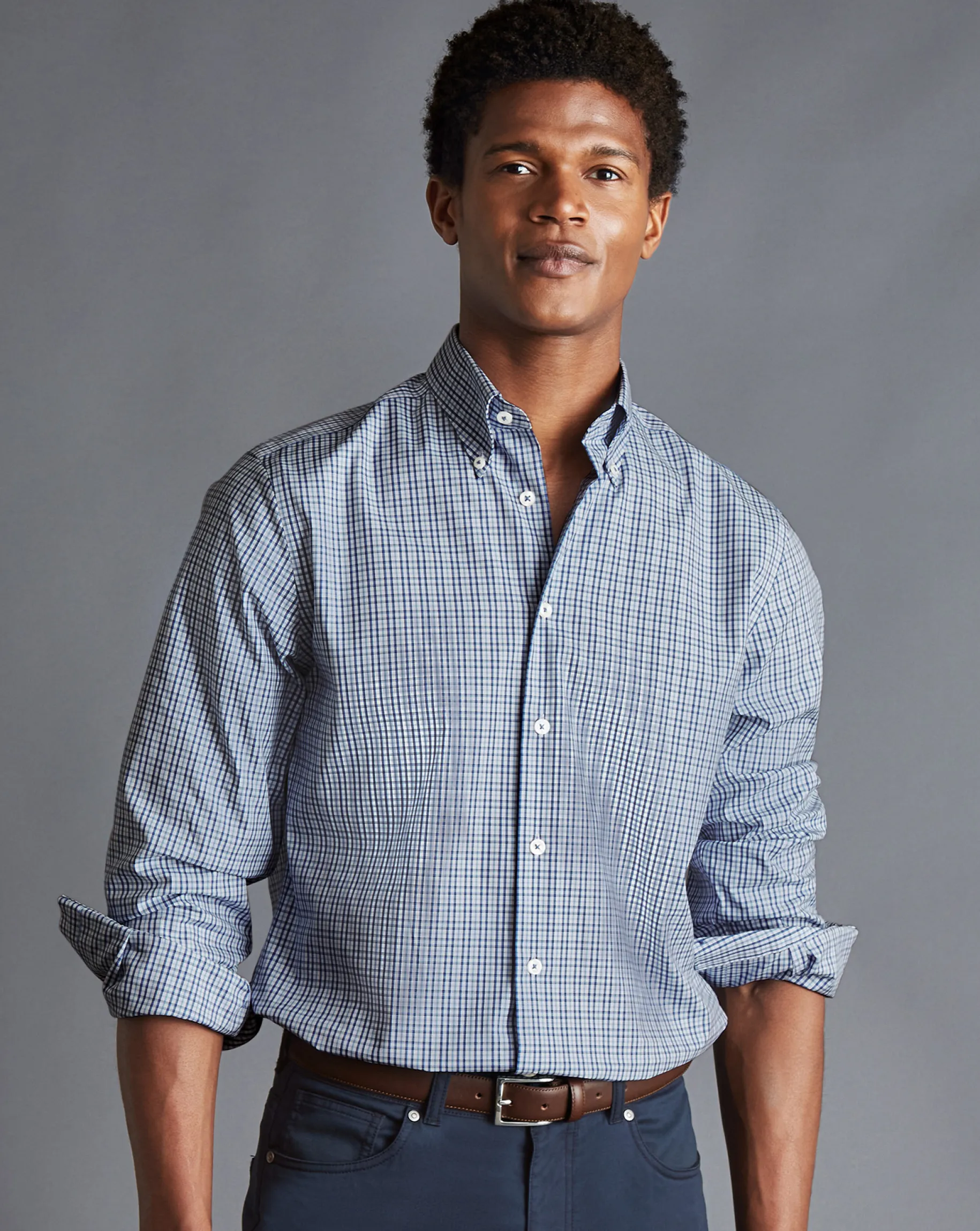Casual Shirts|Dress Shirts<Charles Tyrwhitt Button-Down Collar Non-Iron Oxford Multi Check Shirt - Ocean Blue