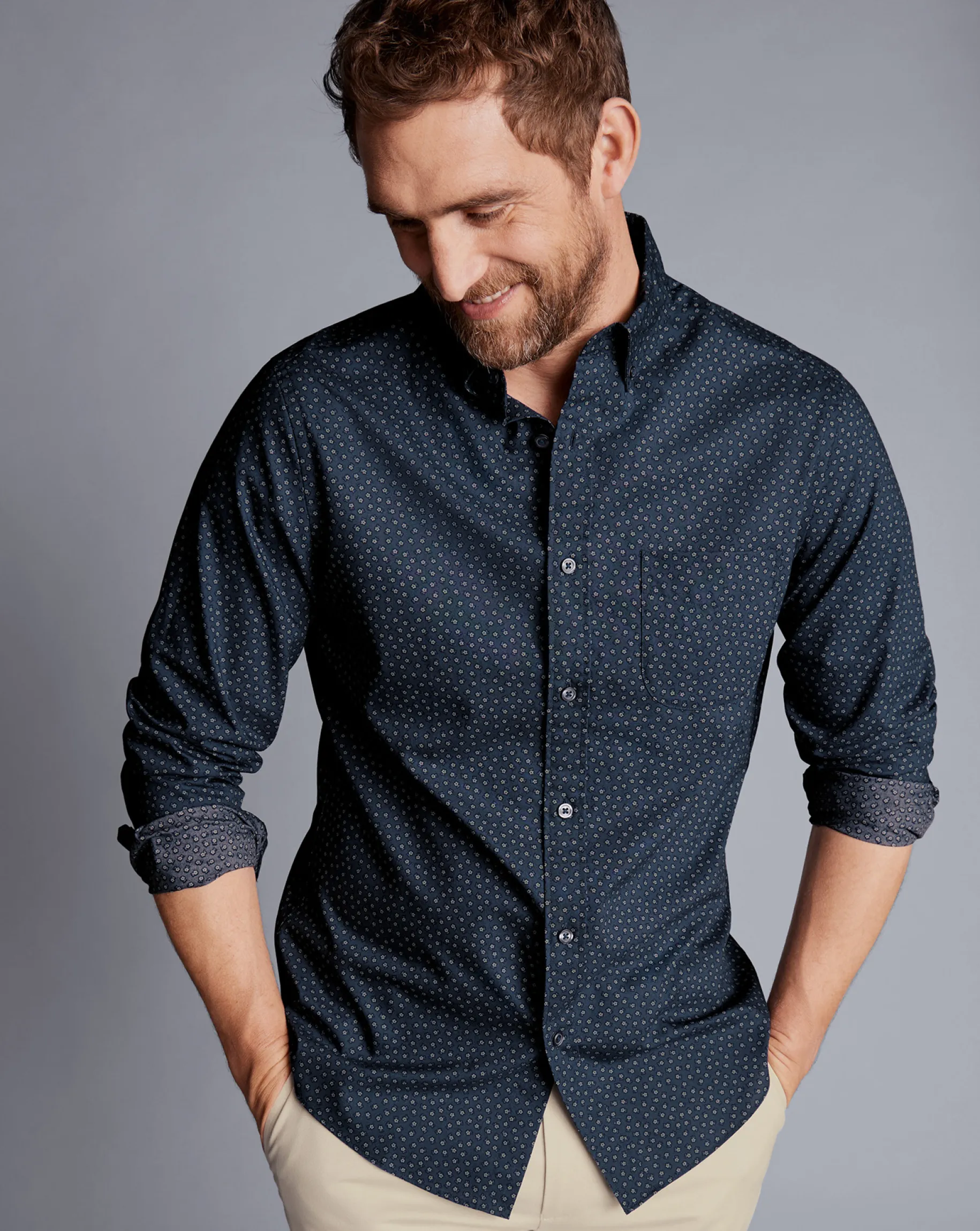 Shirt Sale|Seasonal Looks<Charles Tyrwhitt Button-Down Collar Non-Iron Midi Floral Print Shirt - Petrol Blue