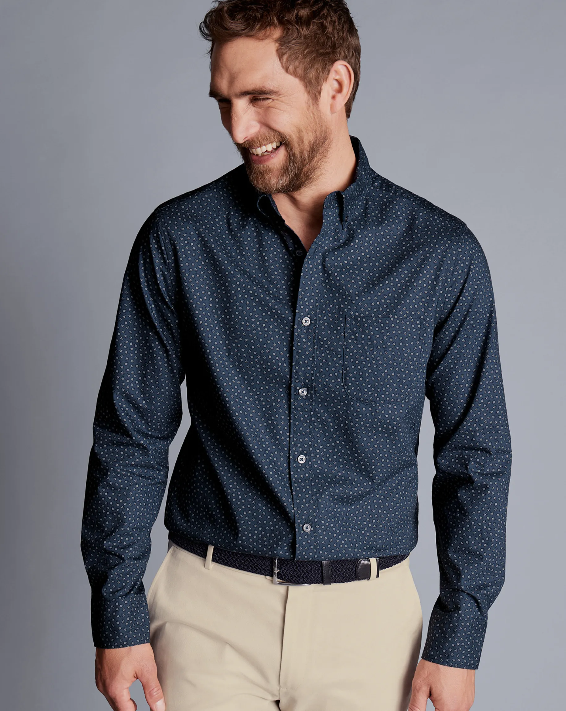 Shirt Sale|Seasonal Looks<Charles Tyrwhitt Button-Down Collar Non-Iron Midi Floral Print Shirt - Petrol Blue