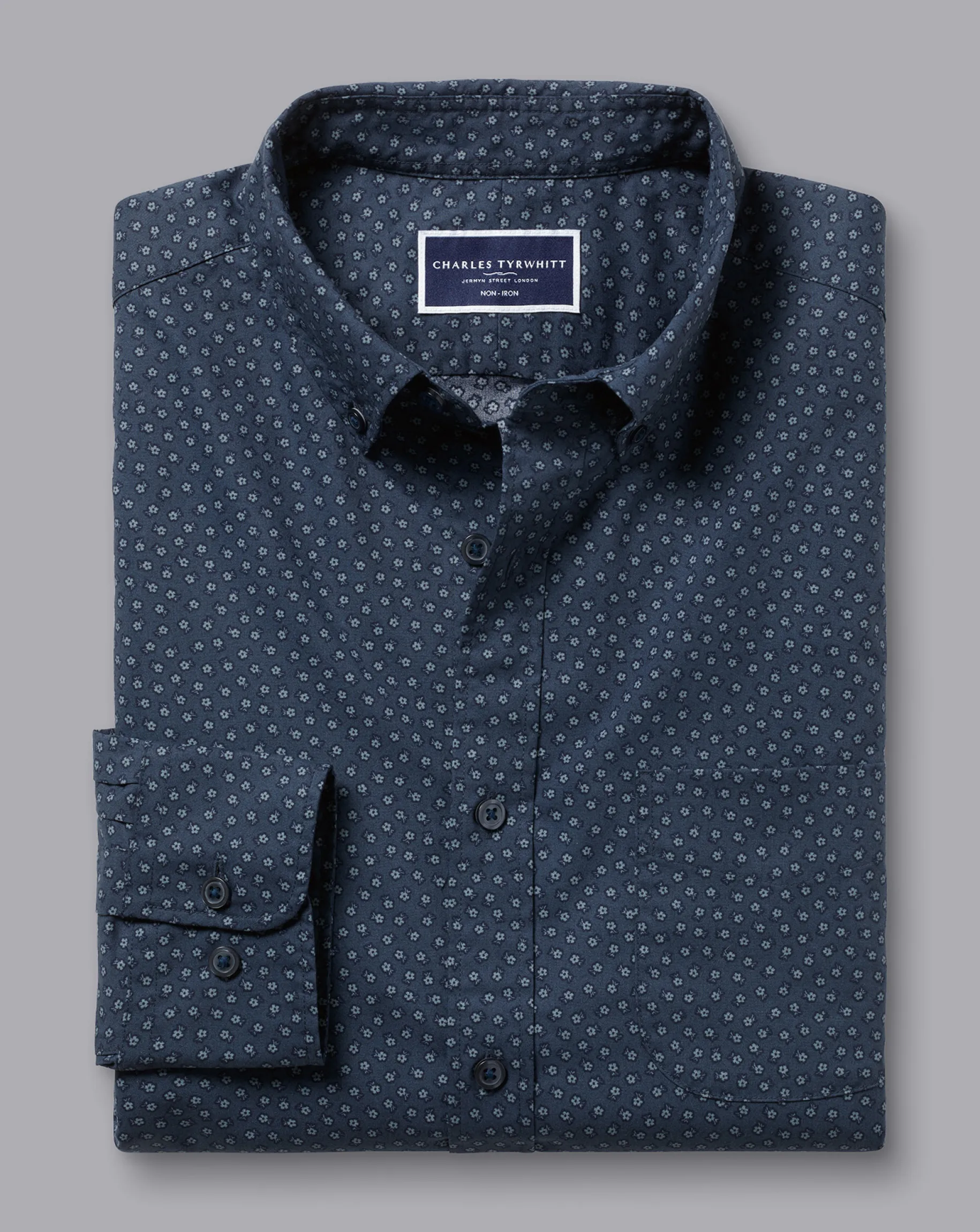 Shirt Sale|Seasonal Looks<Charles Tyrwhitt Button-Down Collar Non-Iron Midi Floral Print Shirt - Petrol Blue