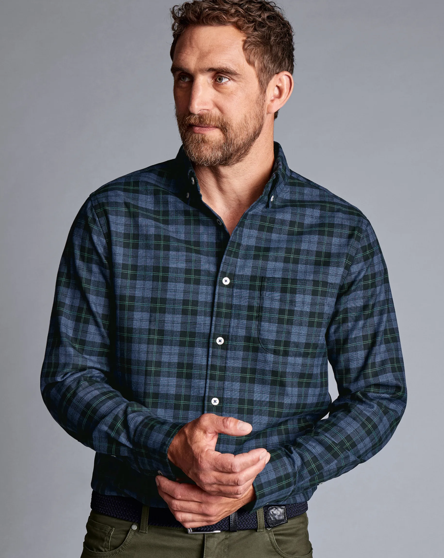 Business Casual Shirts|Casual Shirts<Charles Tyrwhitt Button-Down Collar Non-Iron Twill Overcheck Shirt - Green