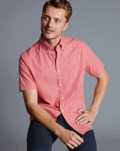 Shirt Sale|Casual Shirts<Charles Tyrwhitt Button-Down Collar Non-Iron Stretch Poplin Mini Gingham Short Sleeve Shirt - Bright Pink