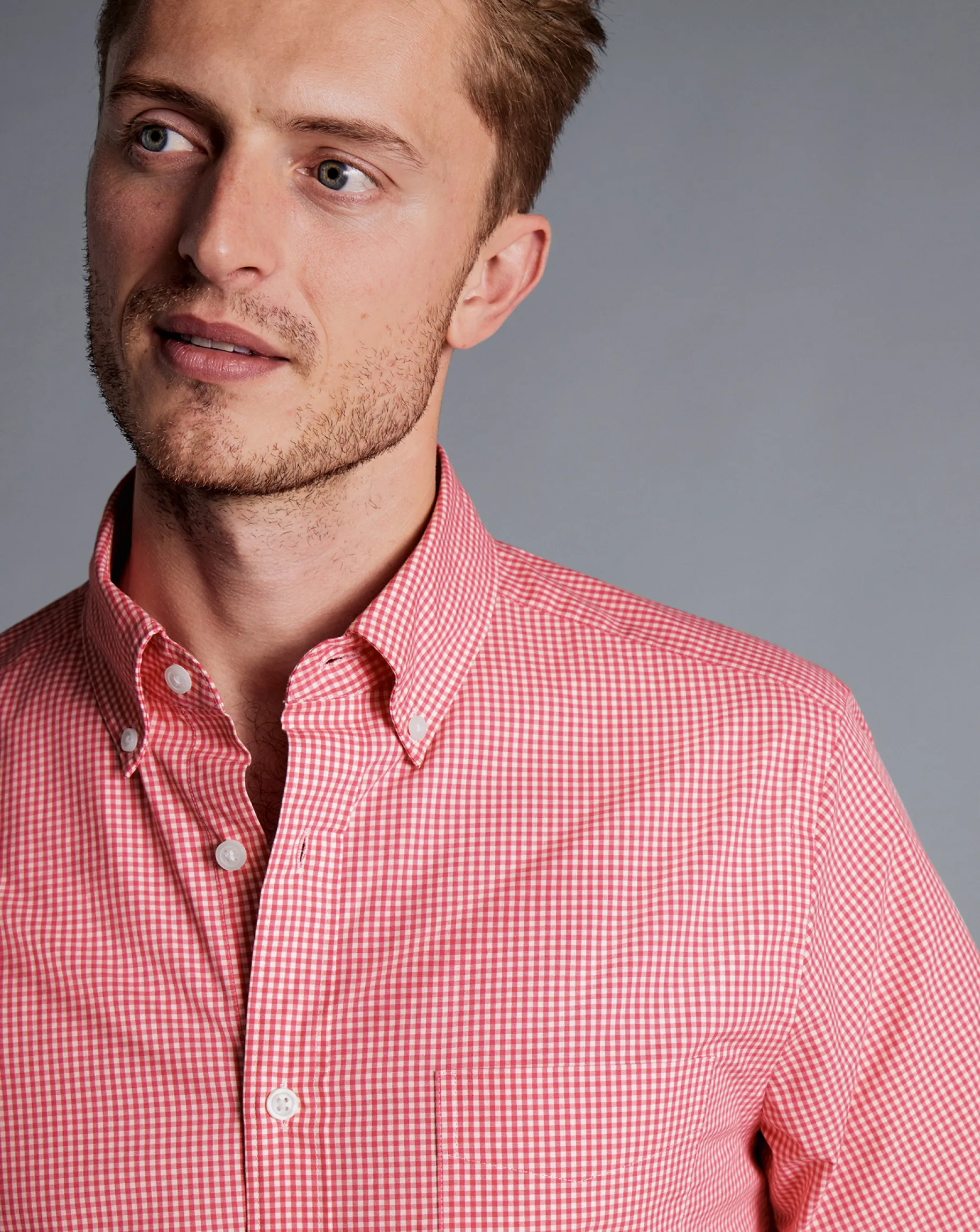Shirt Sale|Casual Shirts<Charles Tyrwhitt Button-Down Collar Non-Iron Stretch Poplin Mini Gingham Short Sleeve Shirt - Bright Pink