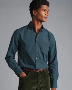 Shirt Sale|Casual Shirts<Charles Tyrwhitt Button-Down Collar Non-Iron Stretch Poplin Mini Gingham Check Shirt - Teal Green