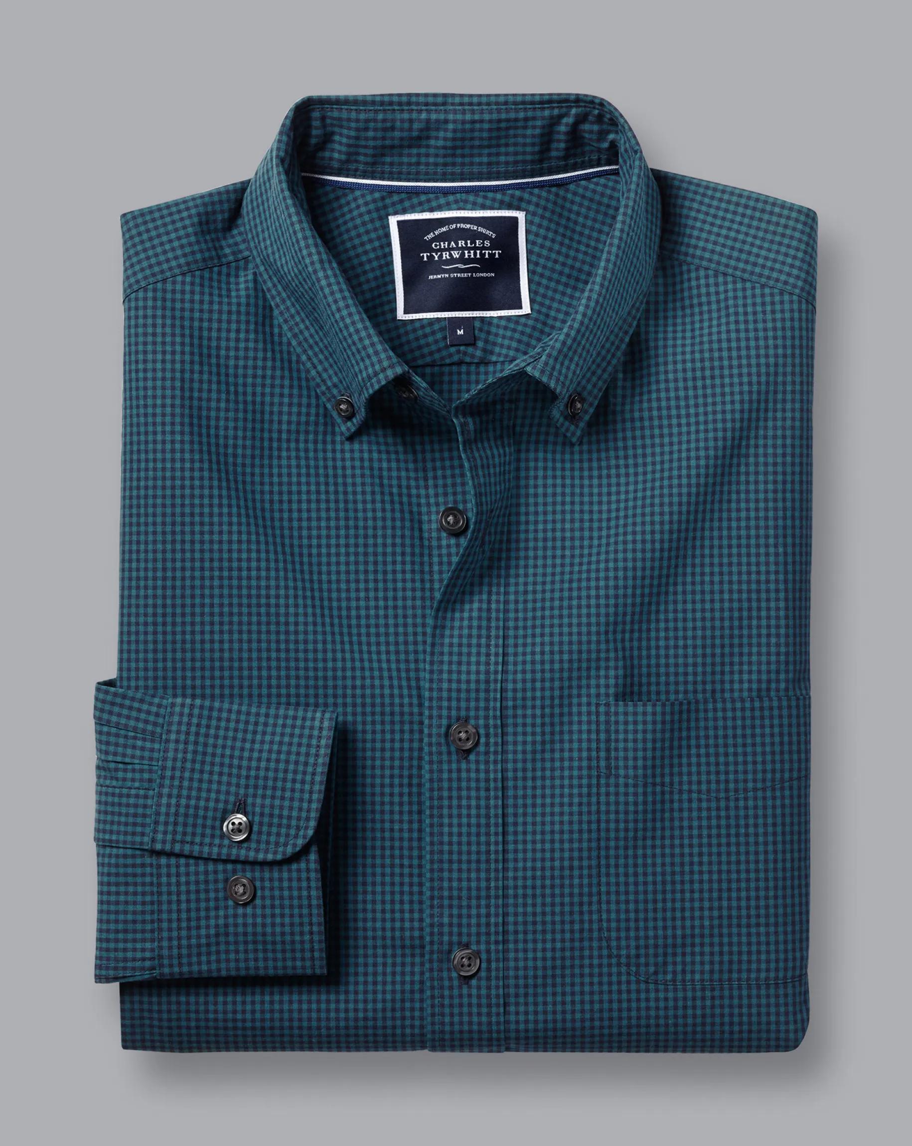 Shirt Sale|Casual Shirts<Charles Tyrwhitt Button-Down Collar Non-Iron Stretch Poplin Mini Gingham Check Shirt - Teal Green