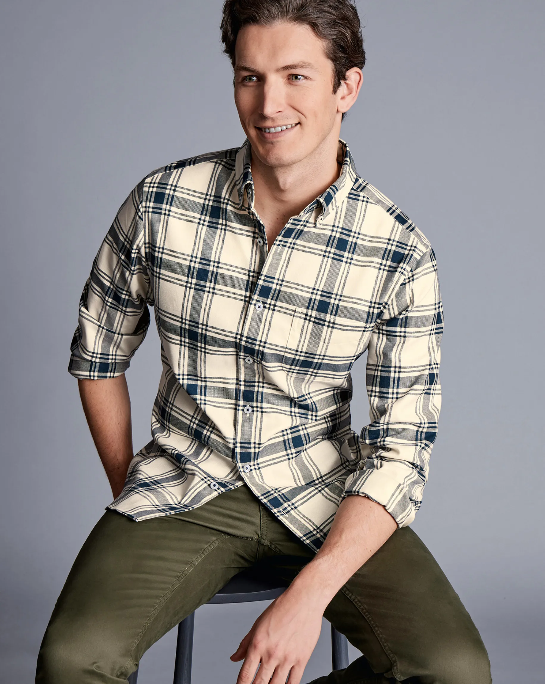 Shirt Sale|Seasonal Looks<Charles Tyrwhitt Button-Down Collar Non-Iron Twill Large Check Shirt - Cream