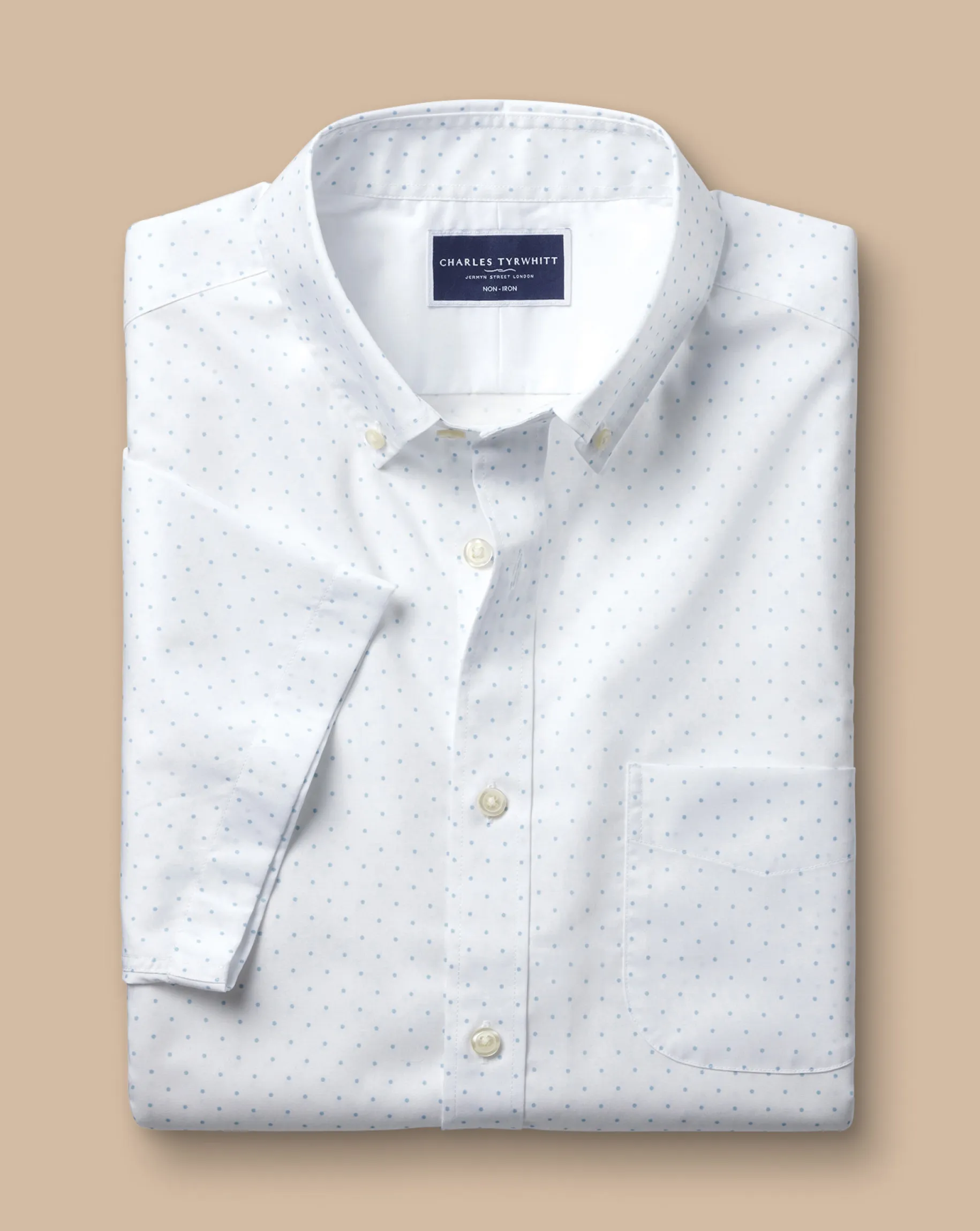 Short Sleeve Shirts|Casual Shirts<Charles Tyrwhitt Button-Down Collar Spot Print Short Sleeve Shirt - White & Blue Sky