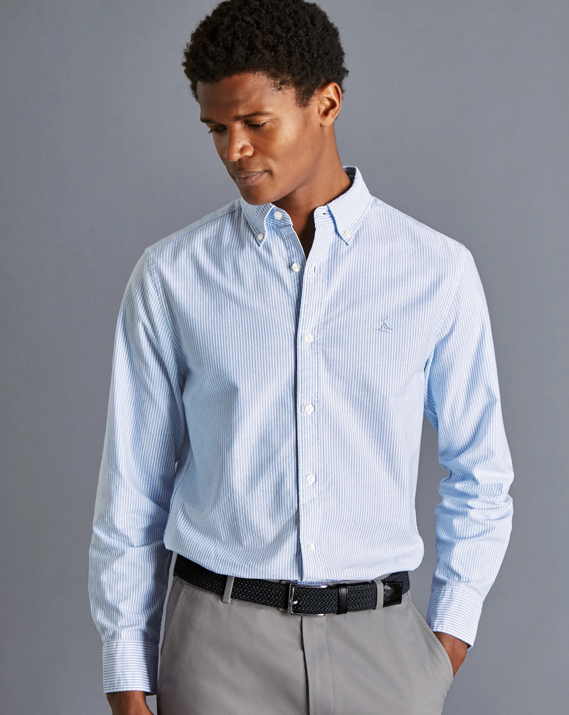 Casual Shirts|Blue Shirts<Charles Tyrwhitt Button-Down Collar Washed Oxford Stripe Shirt - Ocean Blue