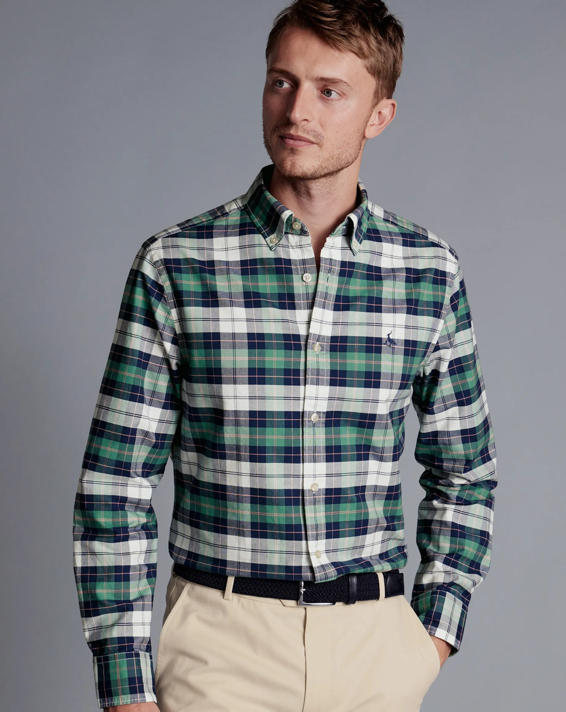 Shirt Sale|Casual Shirts<Charles Tyrwhitt Button-Down Collar Washed Oxford Check Shirt - Teal Green