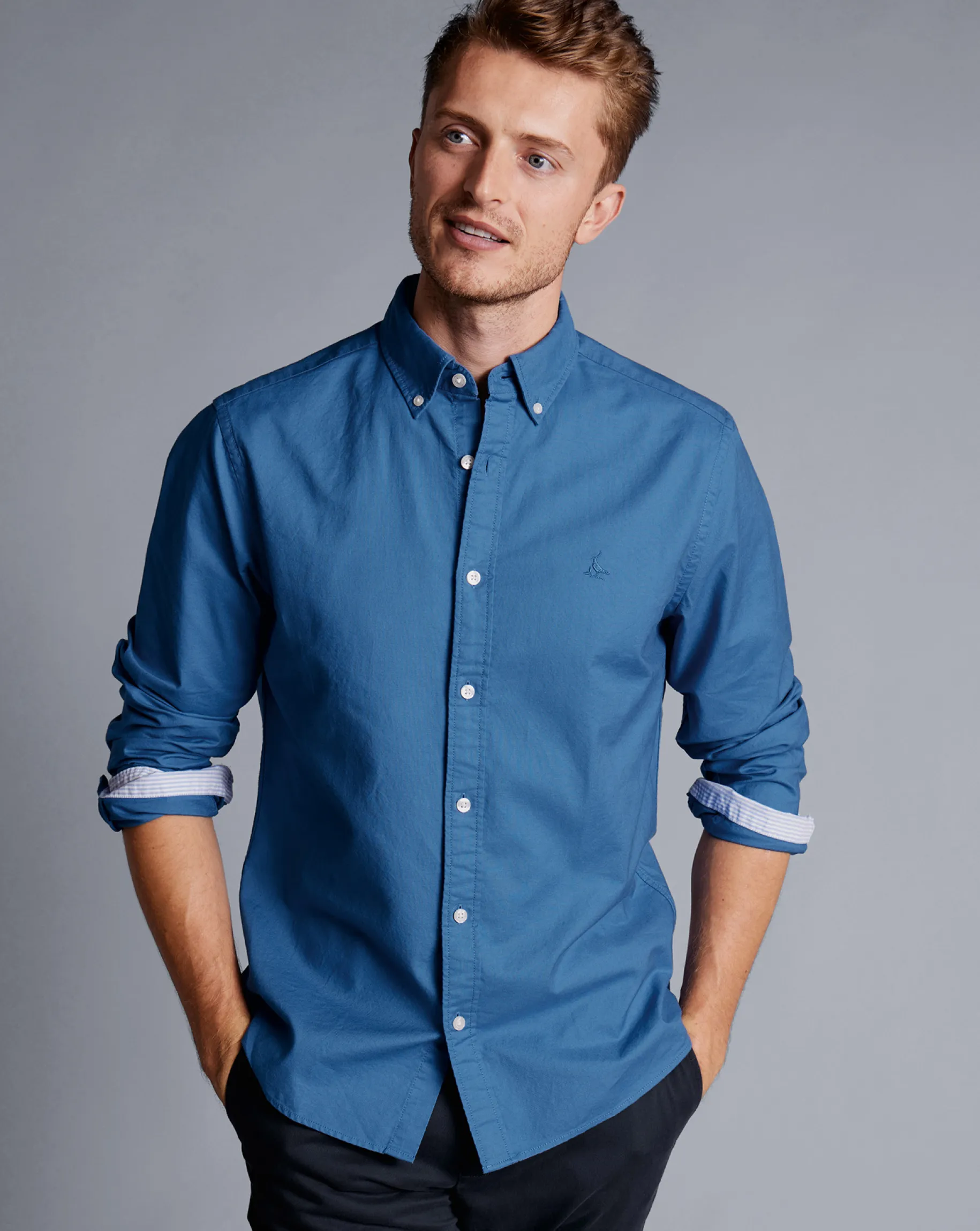 Casual Shirts|17"<Charles Tyrwhitt Button-Down Collar Washed Oxford Shirt - Ocean Blue