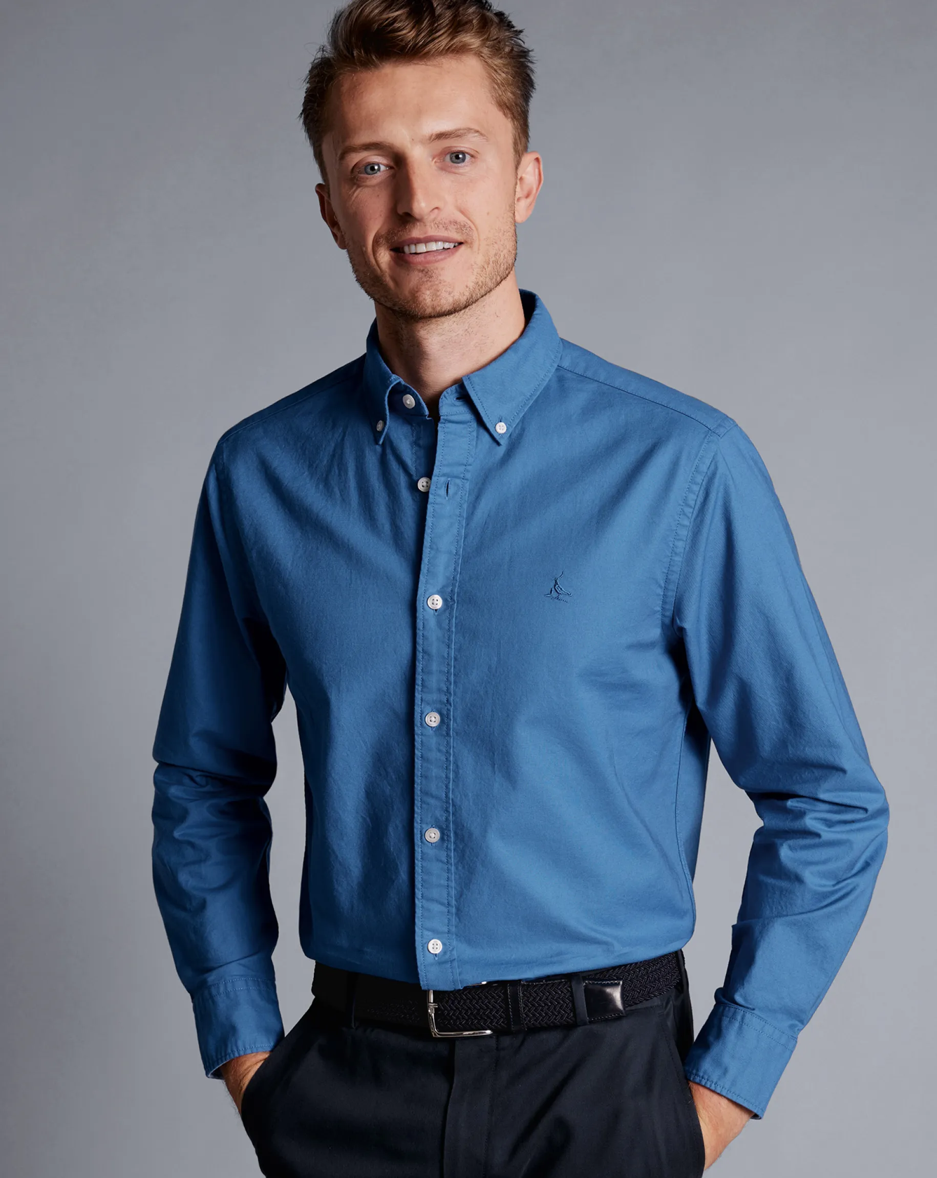 Casual Shirts|17"<Charles Tyrwhitt Button-Down Collar Washed Oxford Shirt - Ocean Blue