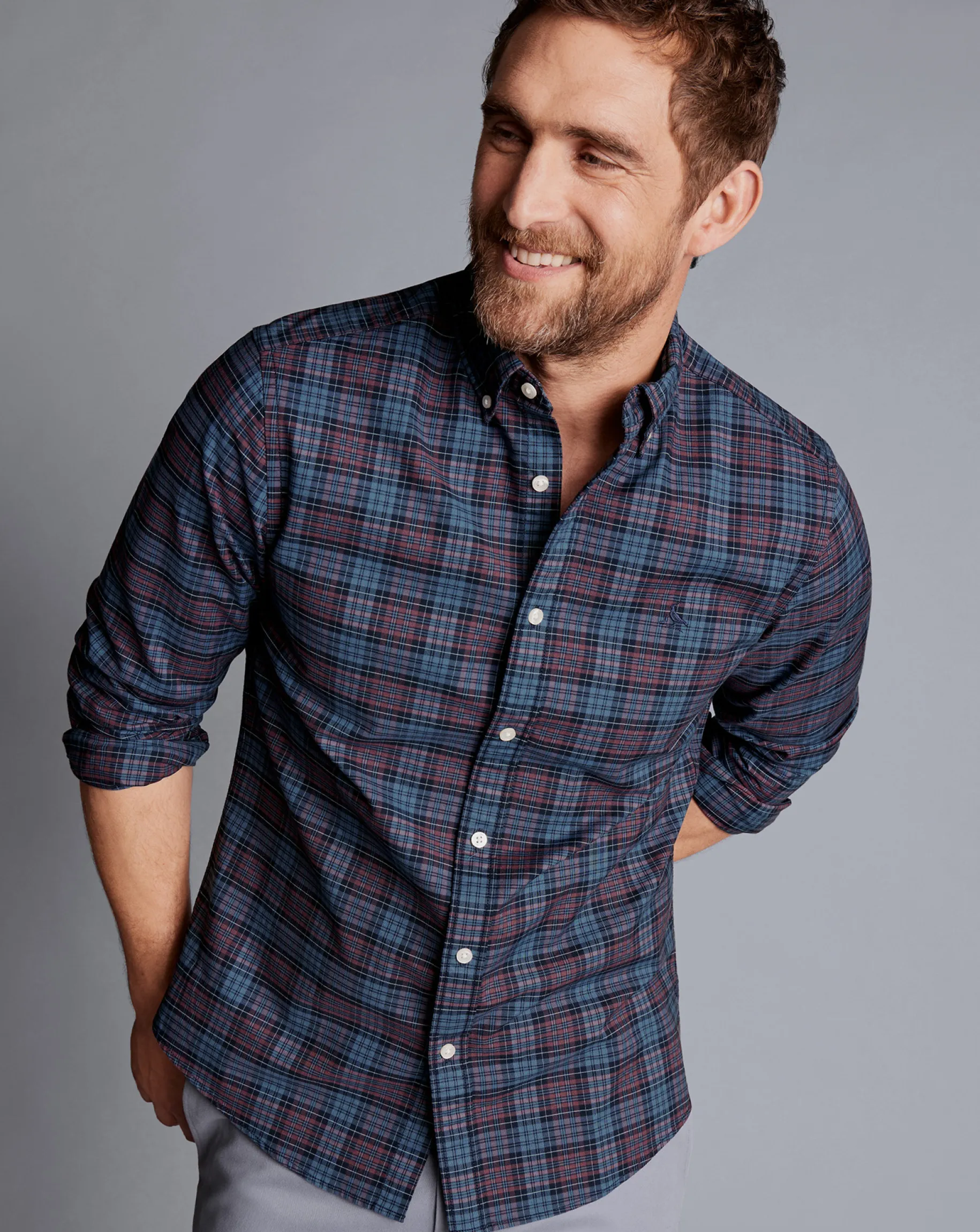 S|M<Charles Tyrwhitt Button-Down Collar Washed Oxford Check Shirt - Blackberry Blackberry Purple
