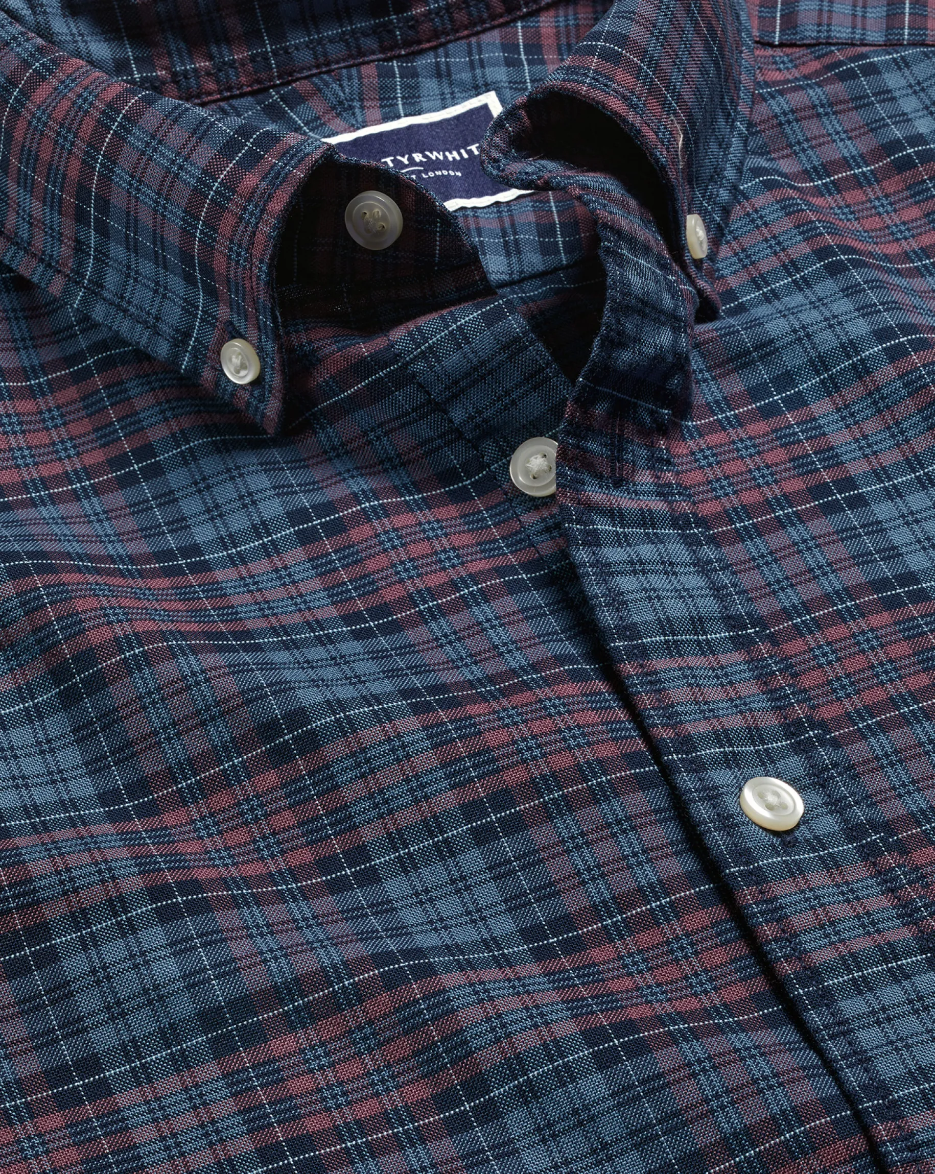 S|M<Charles Tyrwhitt Button-Down Collar Washed Oxford Check Shirt - Blackberry Blackberry Purple