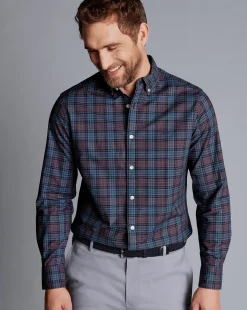S|M<Charles Tyrwhitt Button-Down Collar Washed Oxford Check Shirt - Blackberry Blackberry Purple