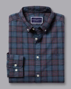 S|M<Charles Tyrwhitt Button-Down Collar Washed Oxford Check Shirt - Blackberry Blackberry Purple