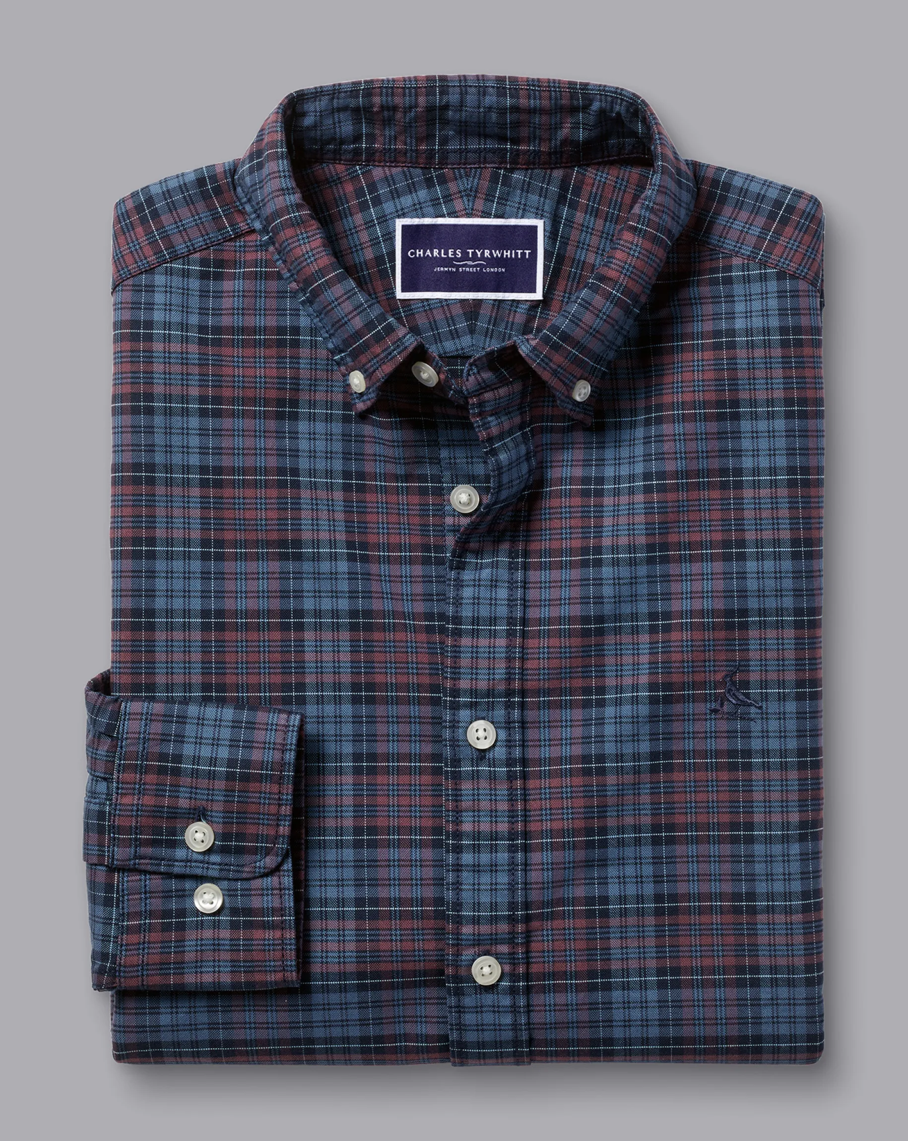 S|M<Charles Tyrwhitt Button-Down Collar Washed Oxford Check Shirt - Blackberry Blackberry Purple