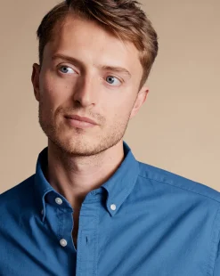 Short Sleeve Shirts|Casual Shirts<Charles Tyrwhitt Button-Down Collar Washed Oxford Short Sleeve Shirt - Ocean Blue