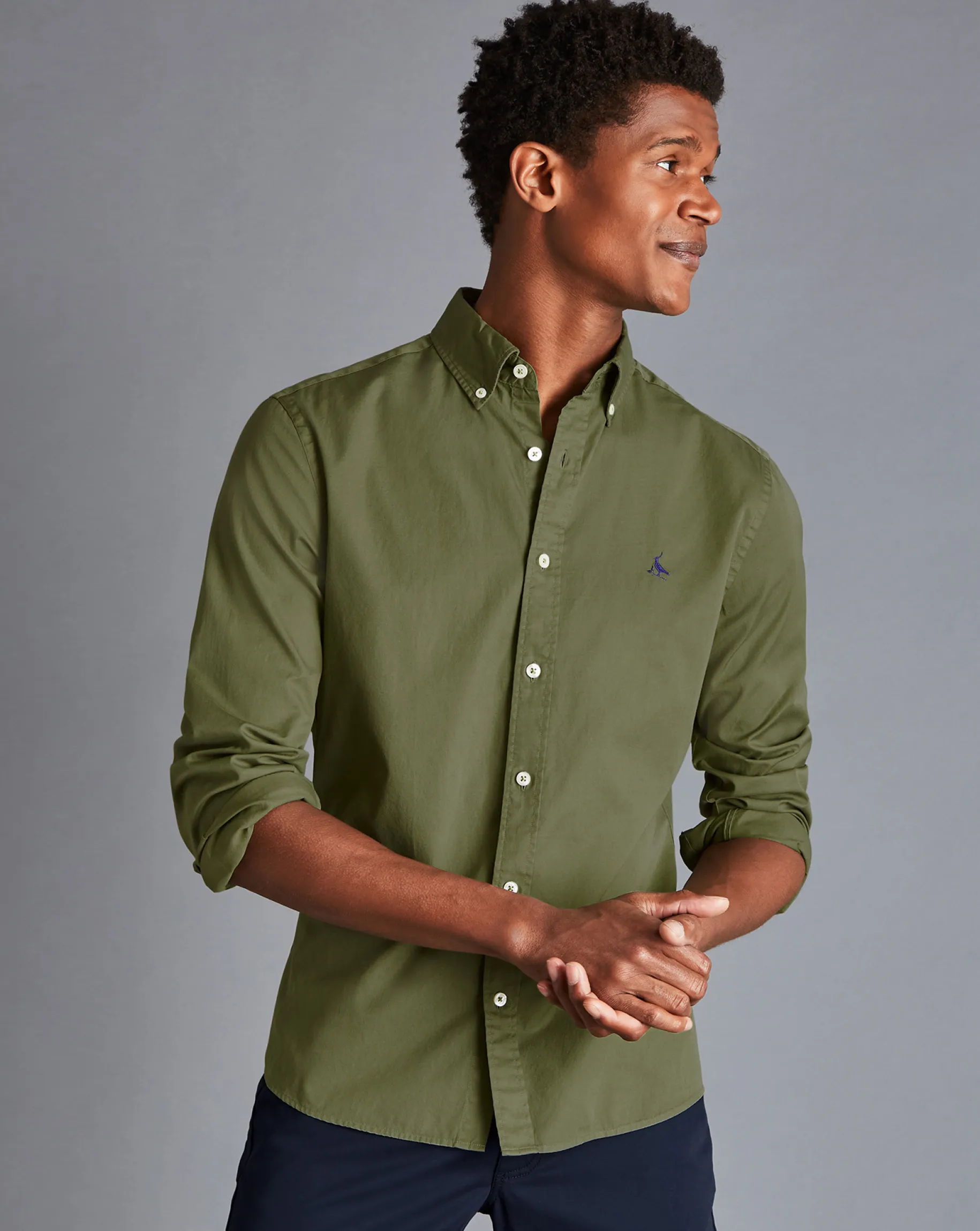 Casual Shirts|17"<Charles Tyrwhitt Button-Down Collar Washed Fine Twill Shirt - Green Olive