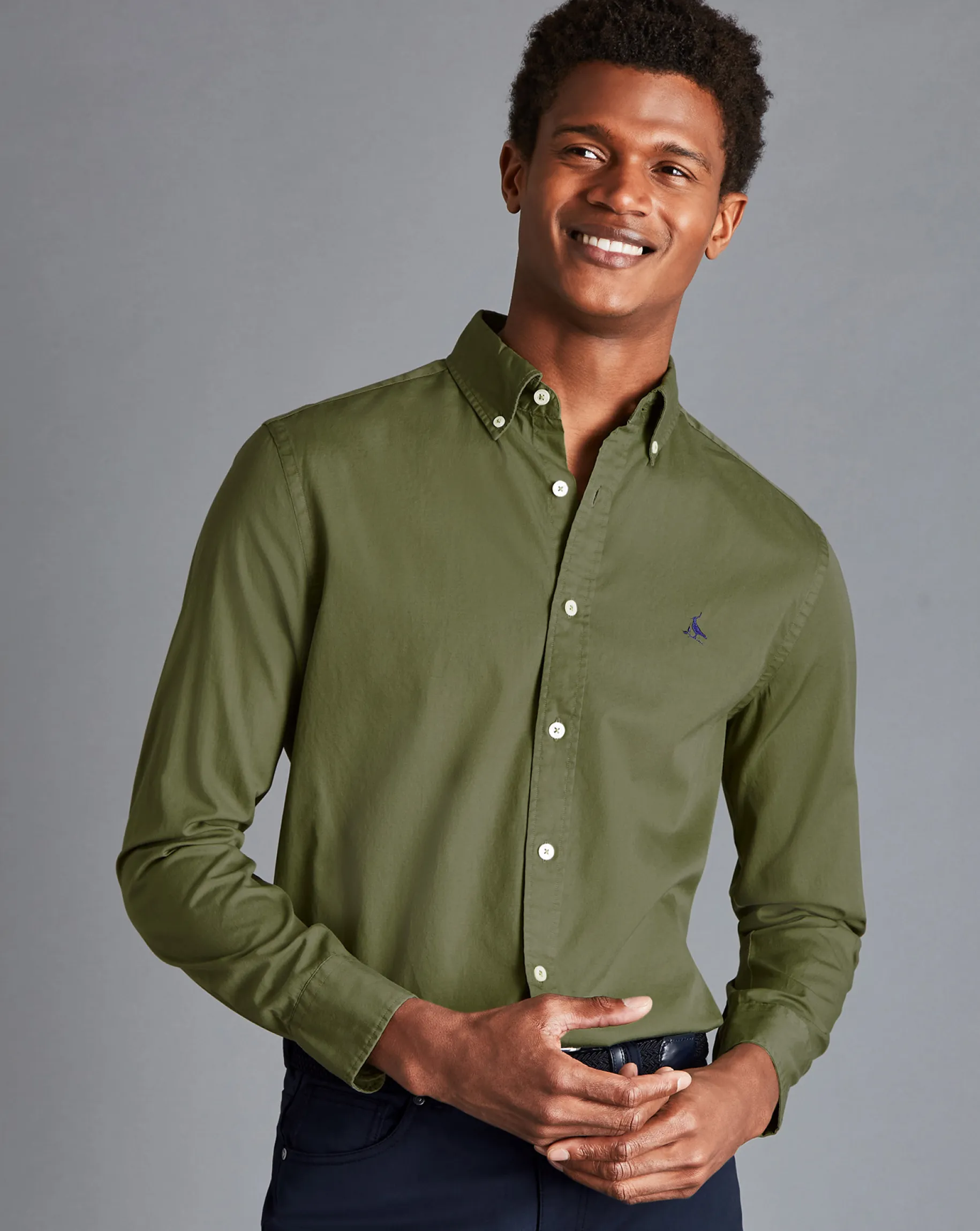 Casual Shirts|17"<Charles Tyrwhitt Button-Down Collar Washed Fine Twill Shirt - Green Olive