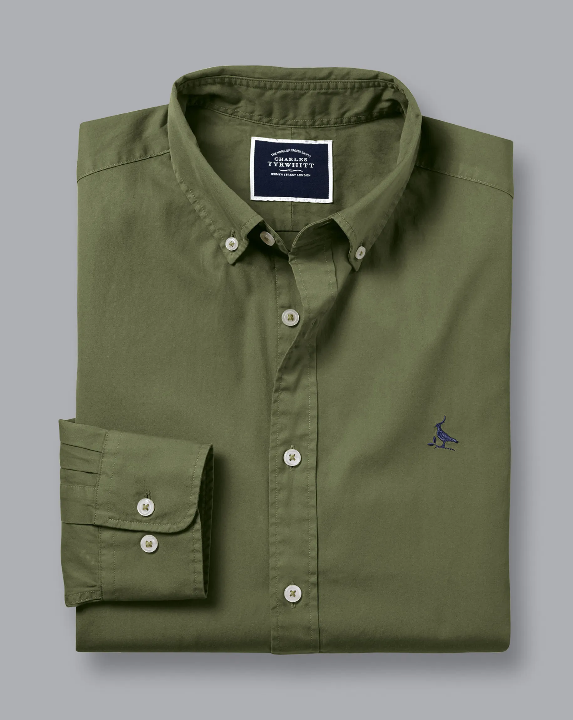 Casual Shirts|17"<Charles Tyrwhitt Button-Down Collar Washed Fine Twill Shirt - Green Olive