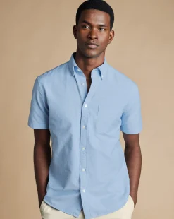 Short Sleeve Shirts|Casual Shirts<Charles Tyrwhitt Button-Down Collar Washed Oxford Short Sleeve Shirt - Blue Sky