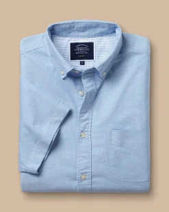 Short Sleeve Shirts|Casual Shirts<Charles Tyrwhitt Button-Down Collar Washed Oxford Short Sleeve Shirt - Blue Sky