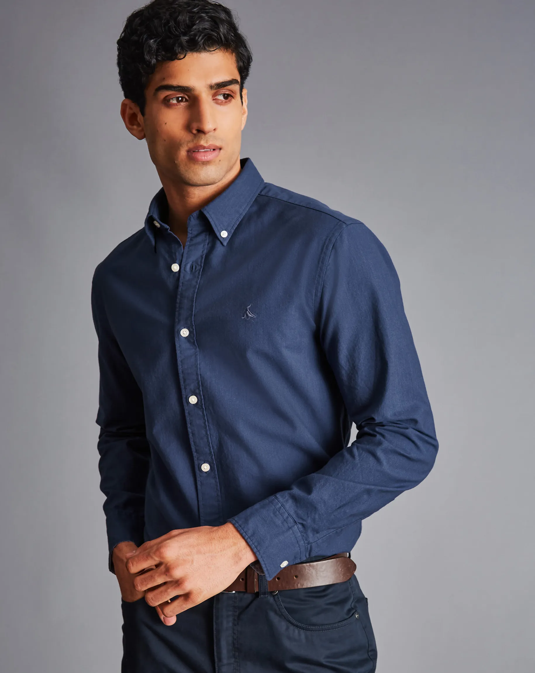 Shirt Sale|Casual Shirts<Charles Tyrwhitt Button-Down Collar Washed Oxford Shirt - Melange Dark Blue