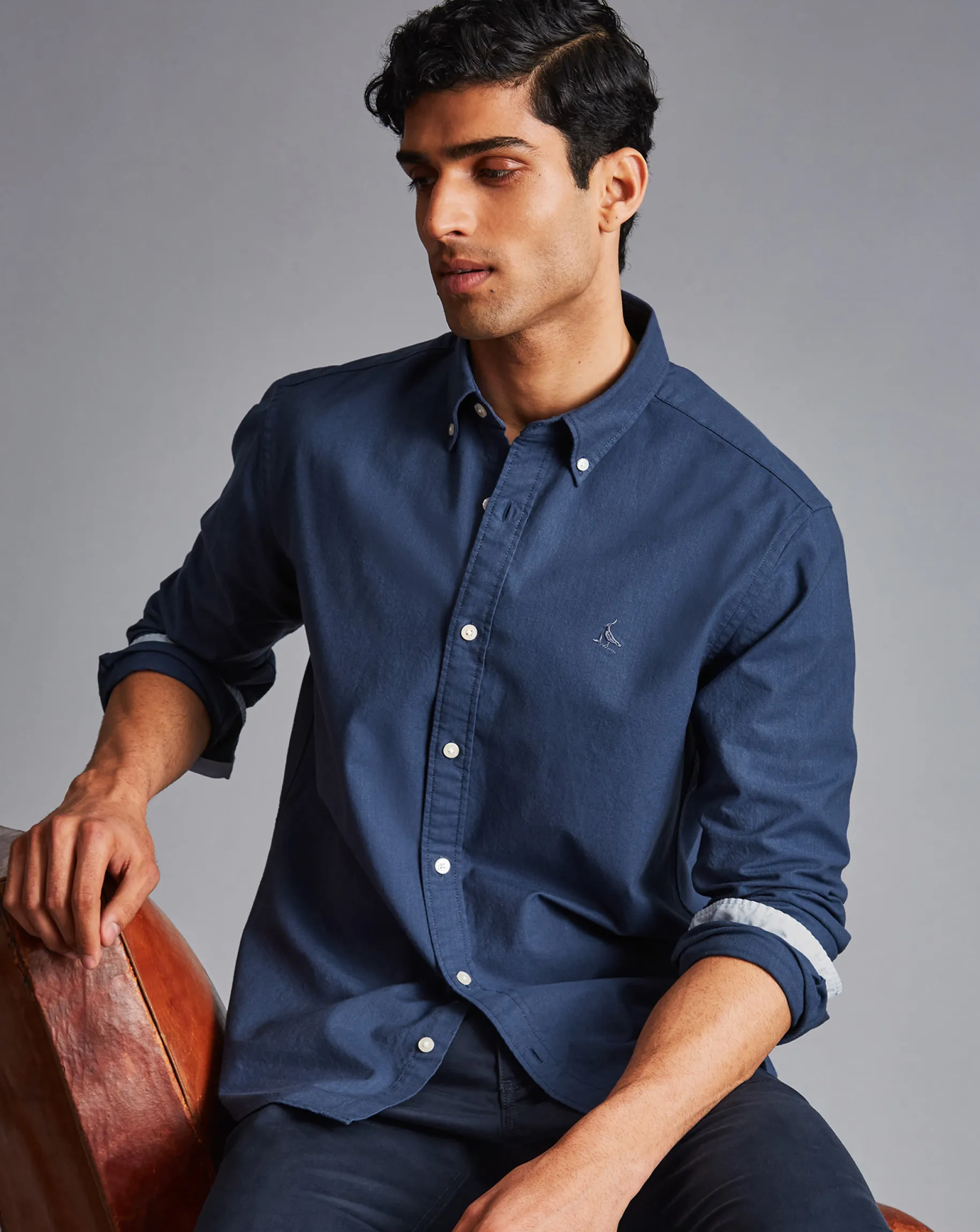 Shirt Sale|Casual Shirts<Charles Tyrwhitt Button-Down Collar Washed Oxford Shirt - Melange Dark Blue