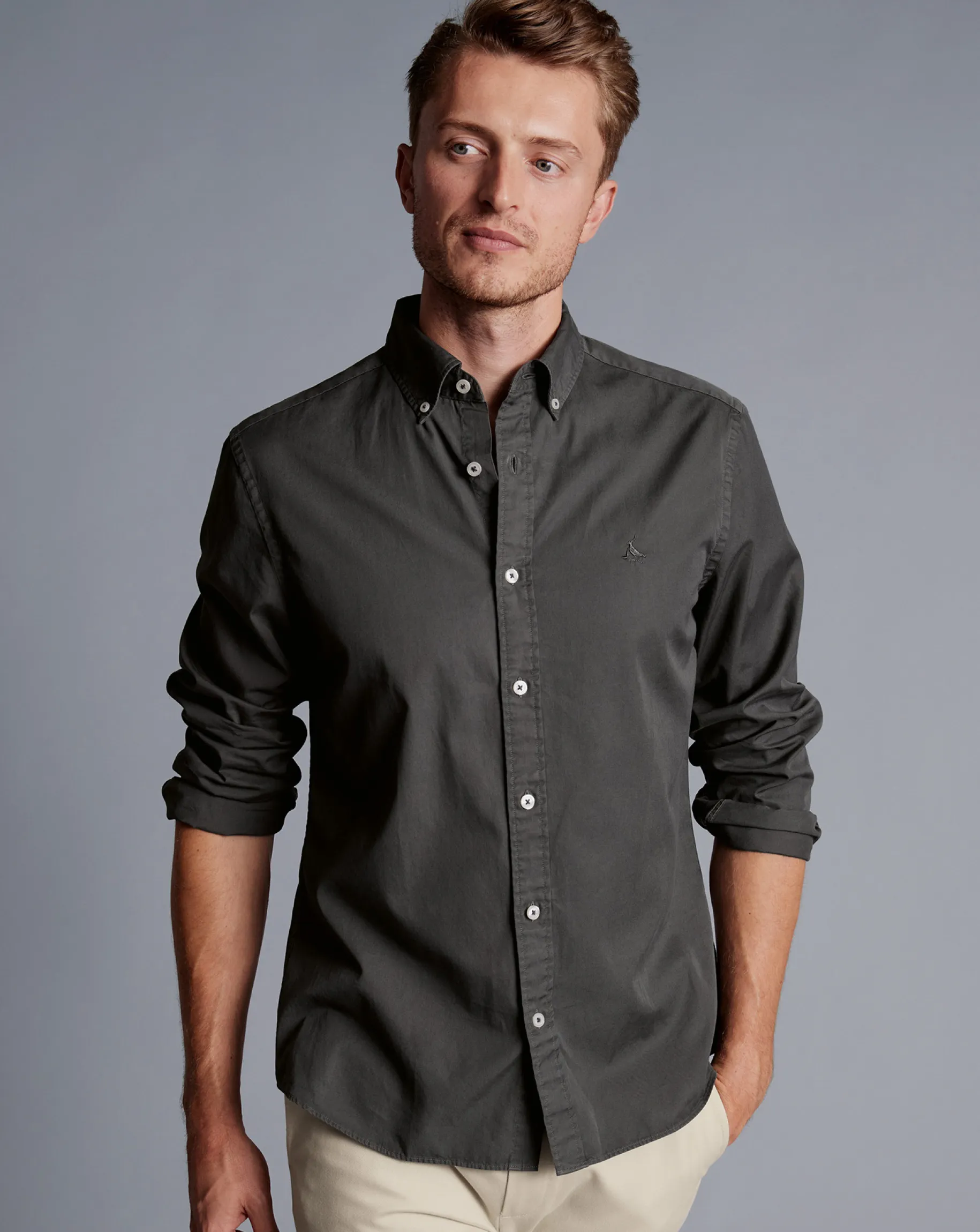 Shirt Sale|Casual Shirts<Charles Tyrwhitt Button-Down Collar Washed Fine Twill Shirt - Grey Charcoal