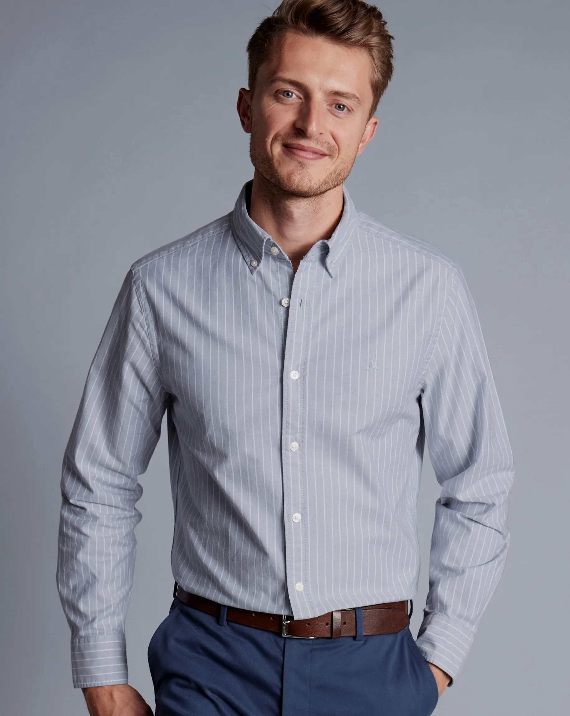 Shirt Sale|Casual Shirts<Charles Tyrwhitt Button-Down Collar Washed Oxford Butchers Stripe Shirt - Steel Blue