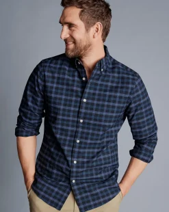S|M<Charles Tyrwhitt Button-Down Collar Washed Oxford Check Shirt - Indigo Blue