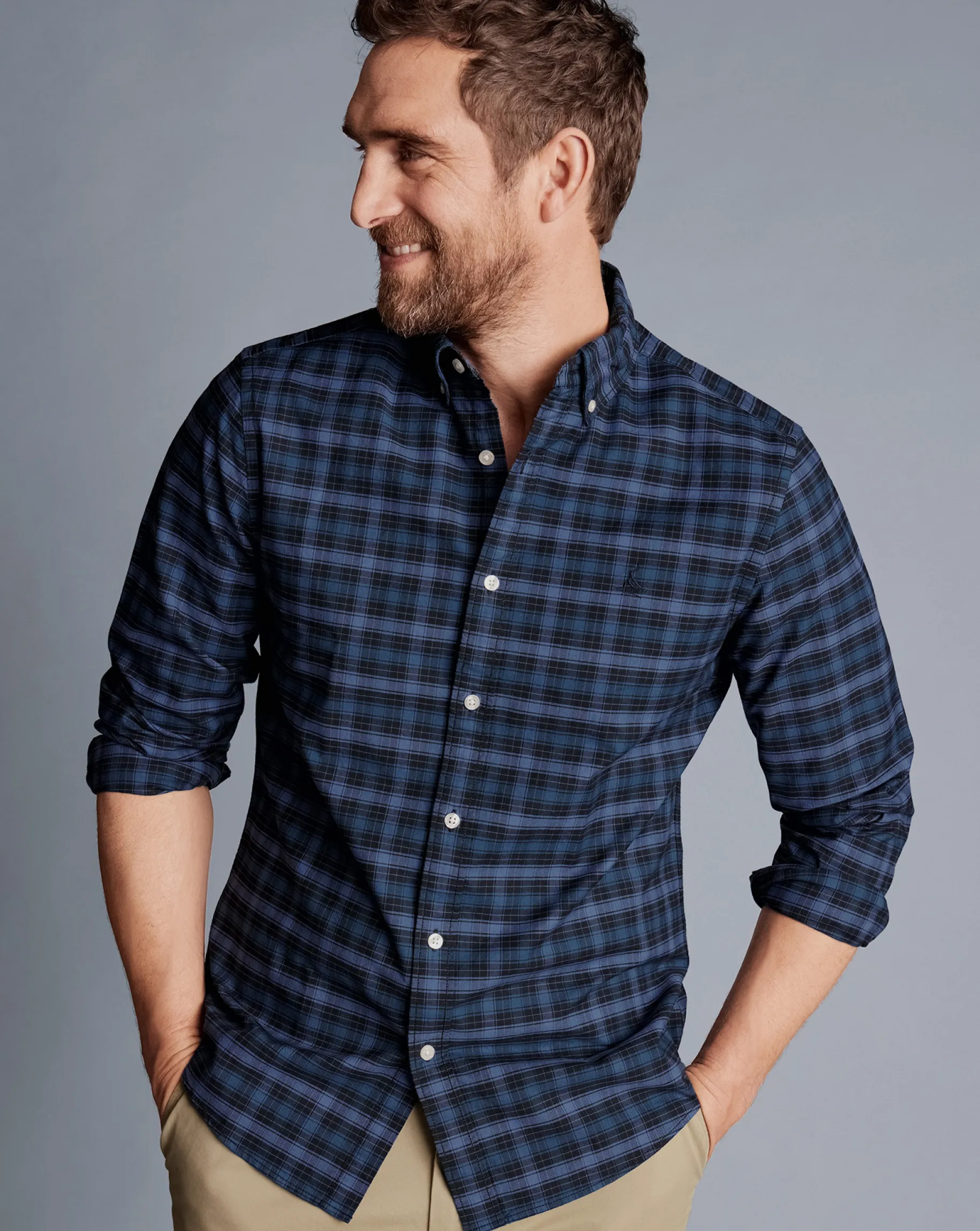 S|M<Charles Tyrwhitt Button-Down Collar Washed Oxford Check Shirt - Indigo Blue